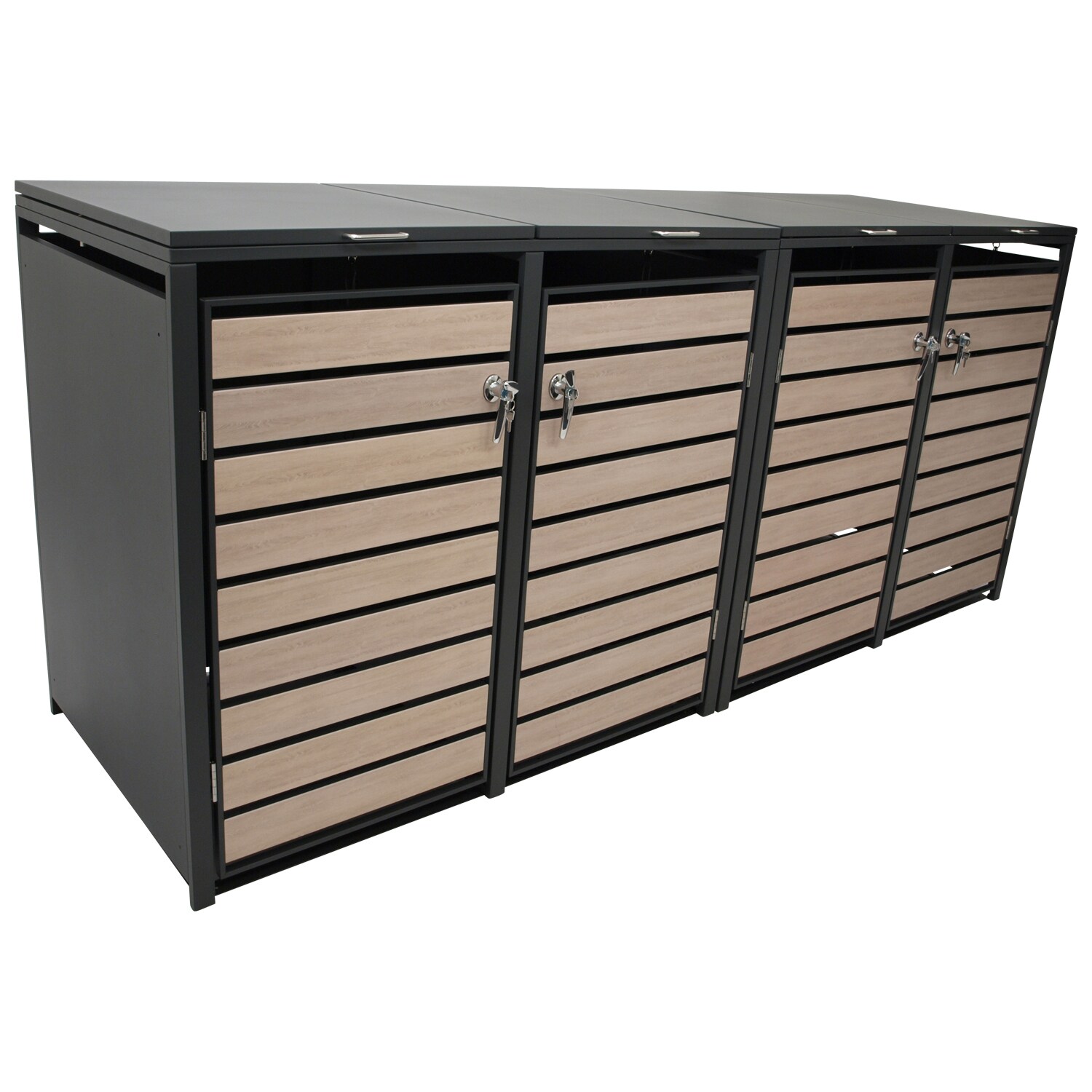 DEGAMO Mülltonnenbox 264x80x116cm für 4x Tonnen 120 und 240 Liter, Stahl anthrazit mit Türen Holzoptik | 04050747101641