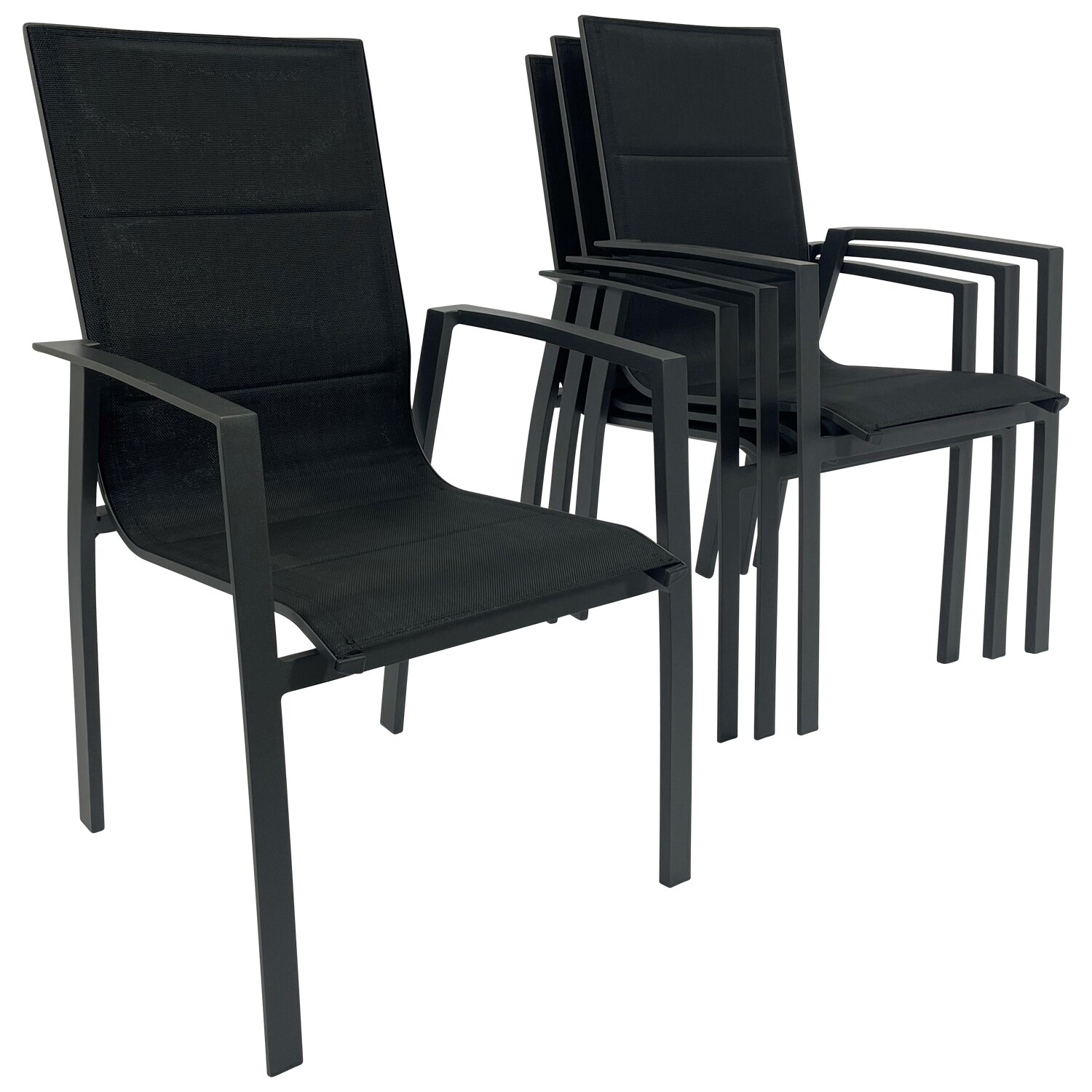 DEGAMO Stapelsessel FARO, Aluminium anthrazit + Kunstgewebe gepolstert schwarz, 4 Stück | 04050747465002