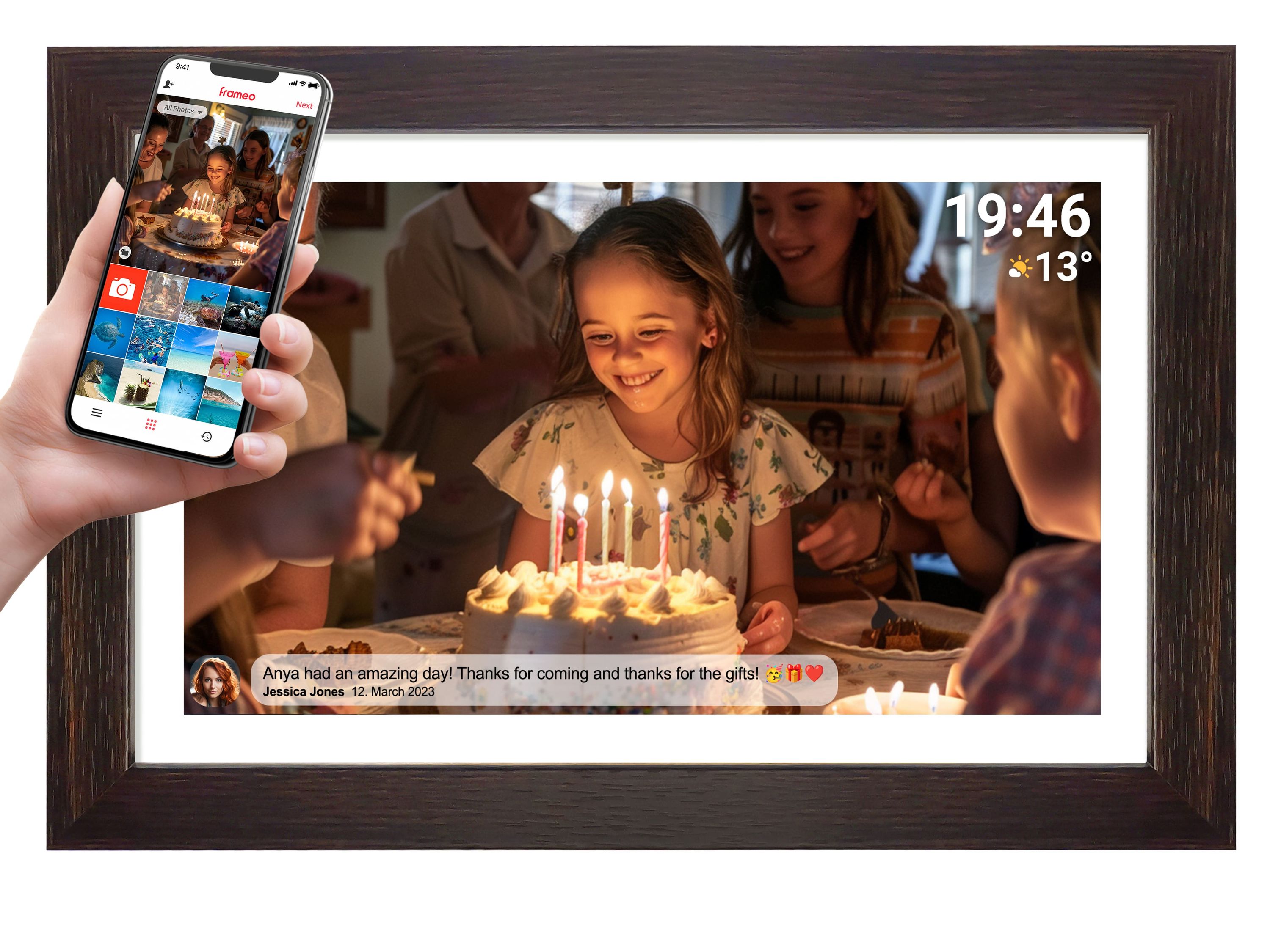 Denver PFF-1543DW, Digitaler Bilderrahmen, 15,6" Full HD IPS Touchscreen, Wi-Fi, 16GB Speicher, Holz dunkel, vorinstallierte FRAMEO Software - Bild 1