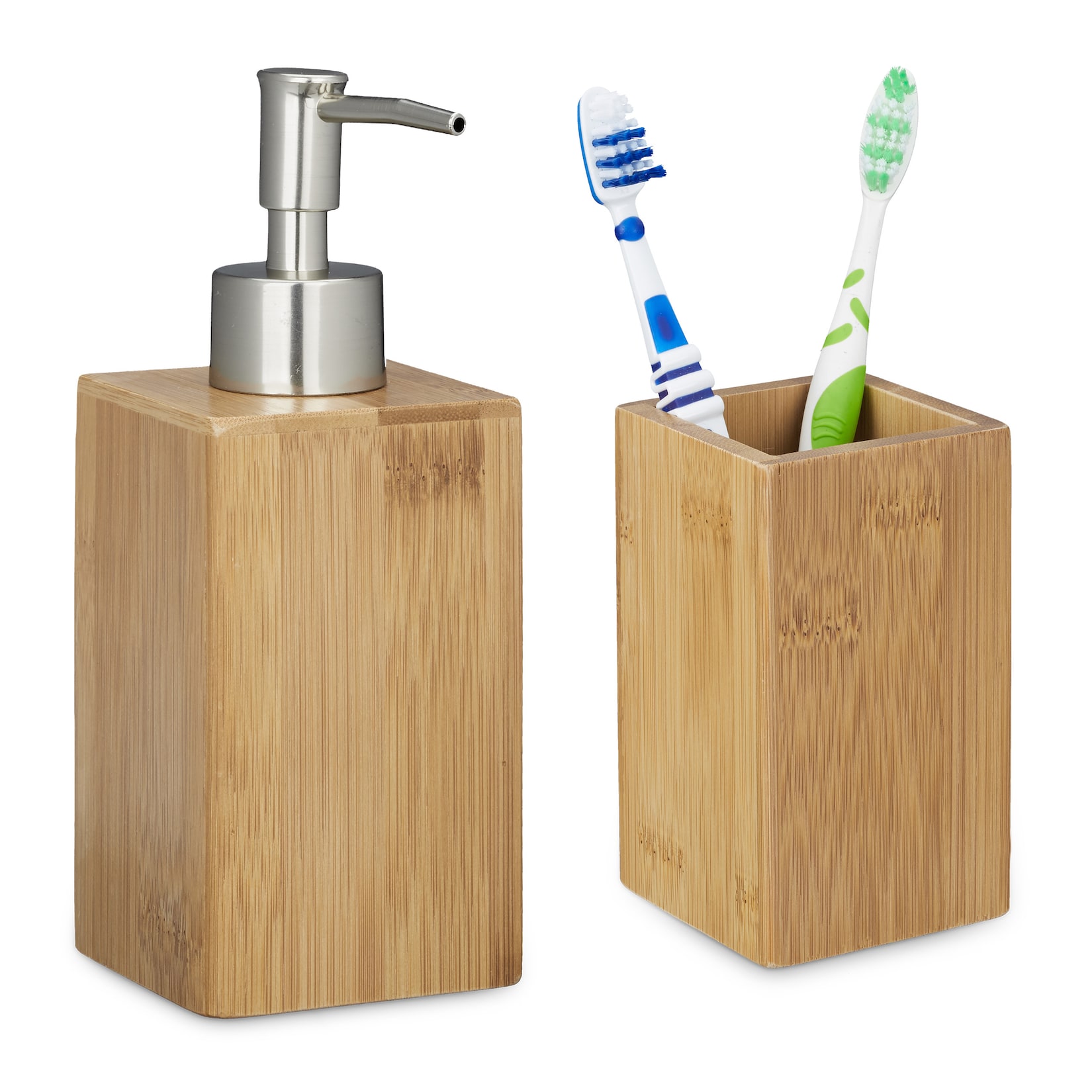 Seifenschale Zahnputzbecher Seifenspender BERILO 3er Set Badezimmer Bad mit Bambus Holz grau