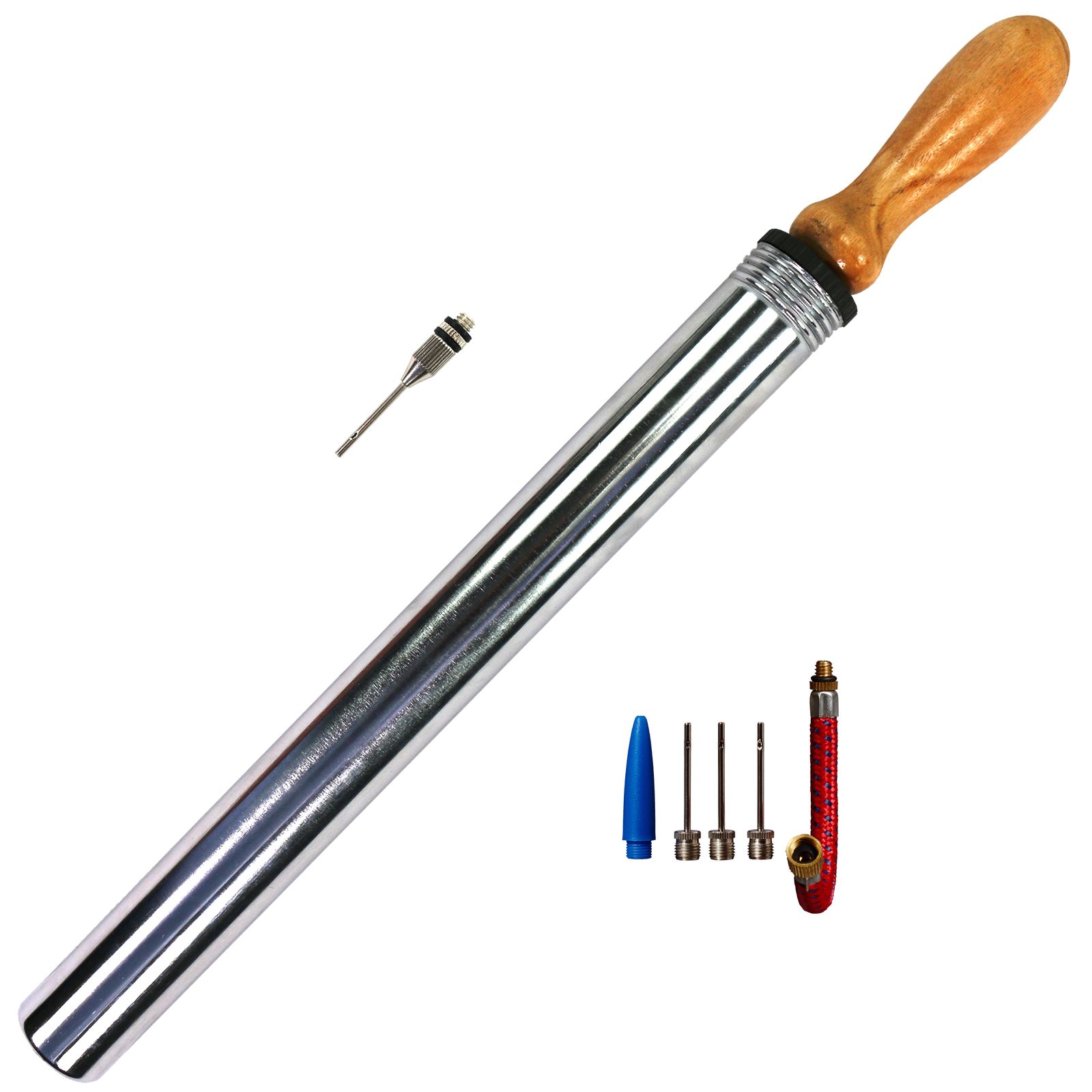 Best Sporting Ballpumpe verchromt mit Holzgriff, 39 cm x 2,8 cm mit Ventil-Set - Bild 1