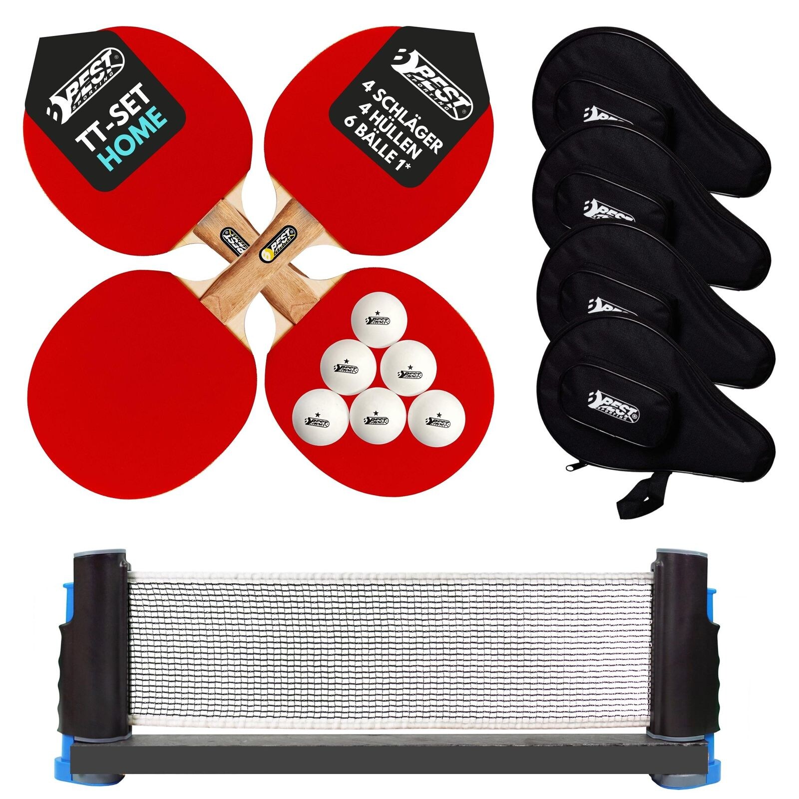 Best Sporting Tischtennisschläger Set HOME I 4 Tischtennis Schläger, 4 Schlägertaschen, Flexi Netz und 1* Tischtennisbälle I 10-teiliges wertiges Tischtennis Set I Tischtennissets