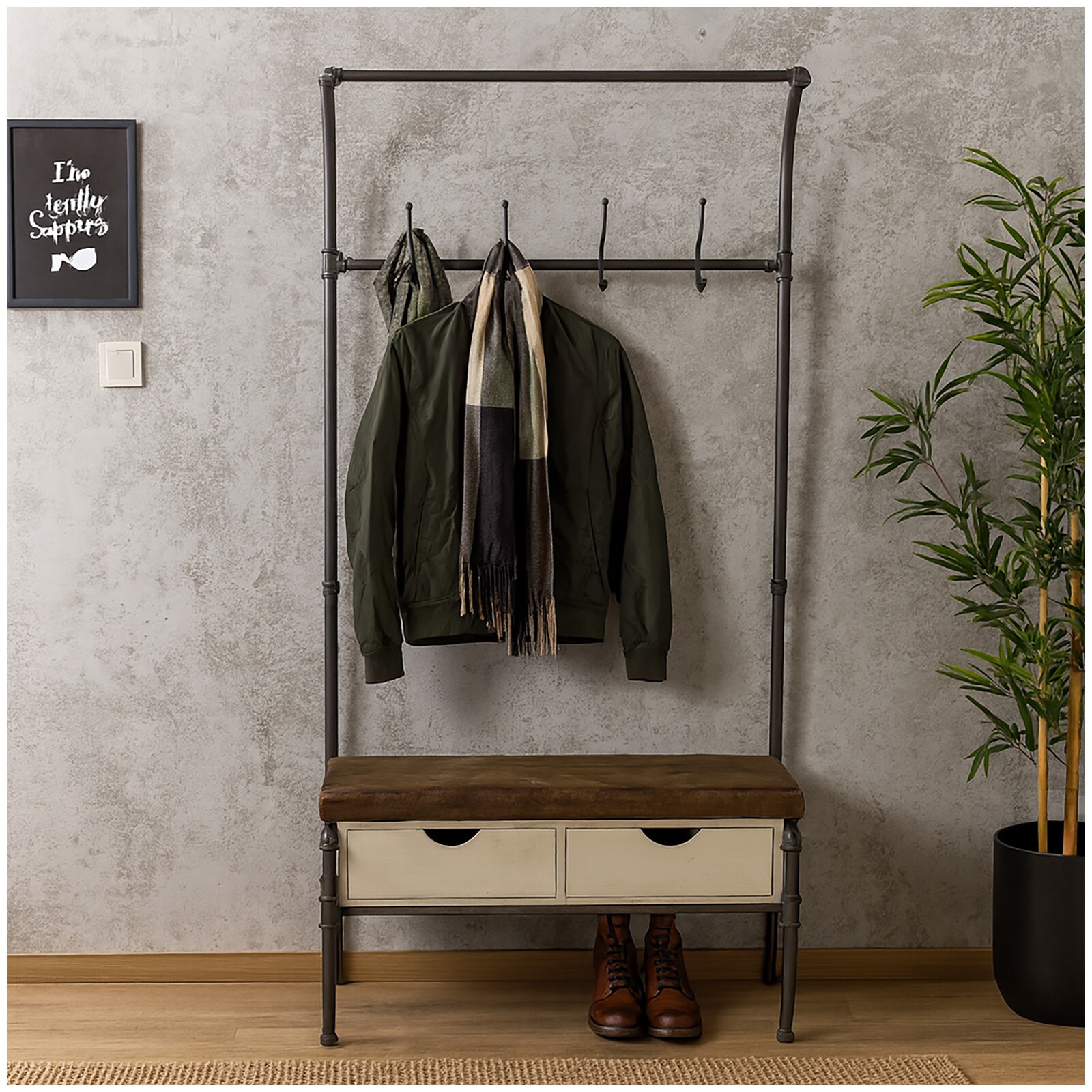 HTI-Line Garderobe im Steampunk-Design Industrial Look mit Sitzbank und Schubladen - Bild 1
