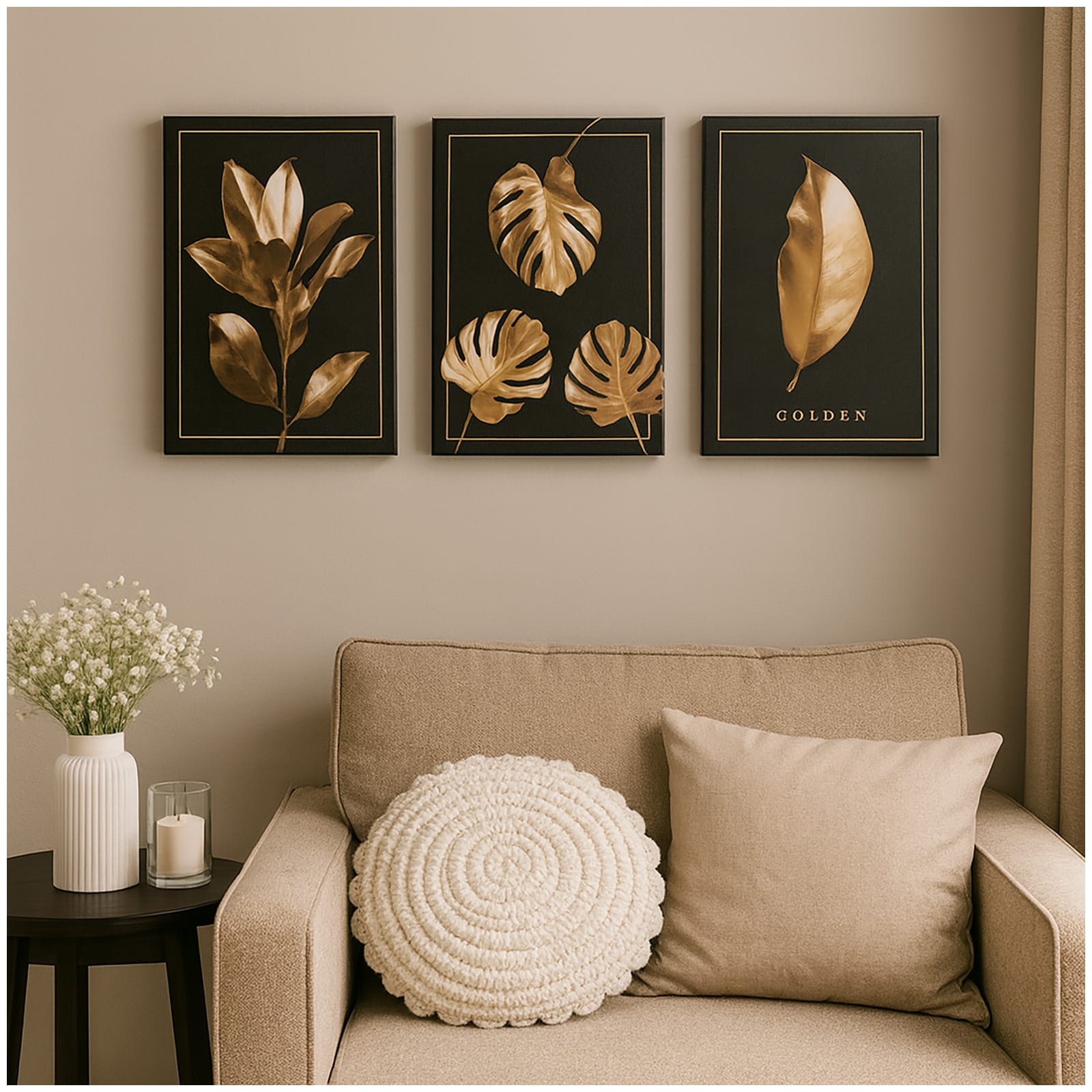 HTI-Living Wandbilder Goldene Bl&auml;tter auf Schwarz Leinwand je 30 x 40 cm, Set 3 teilig - Bild 1