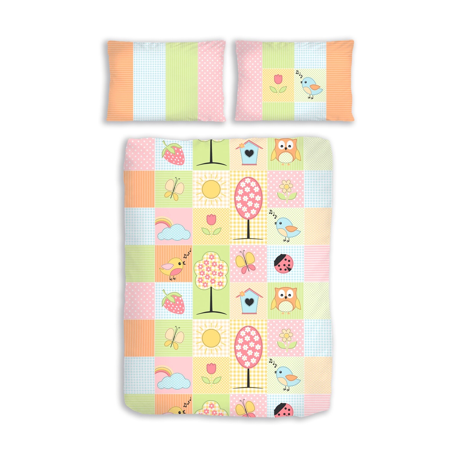 HTI-Line Renforce Bettw&auml;sche 2tlg. 100/135 cm V&ouml;gelchen pastell gelb rose - Bild 1