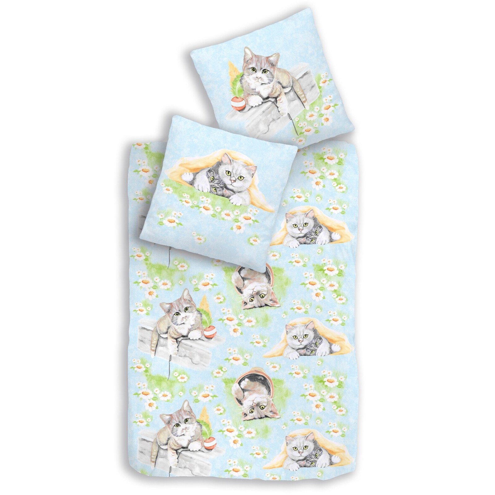 HTI-Living Biber Bettw&auml;sche 2tlg. 135/200 cm Katze hellblau - Bild 1