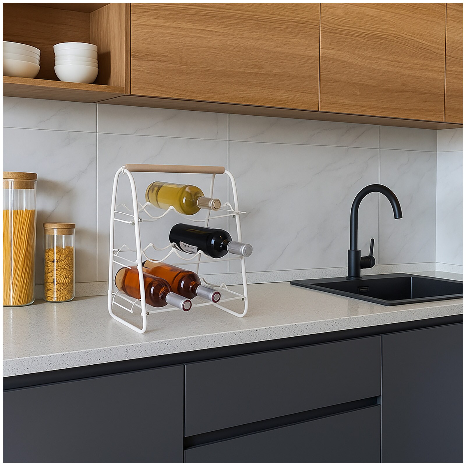 HTI-Living Weinregal aus Metall mit Holzgriff Platz für 9 Flaschen | 04251312987596