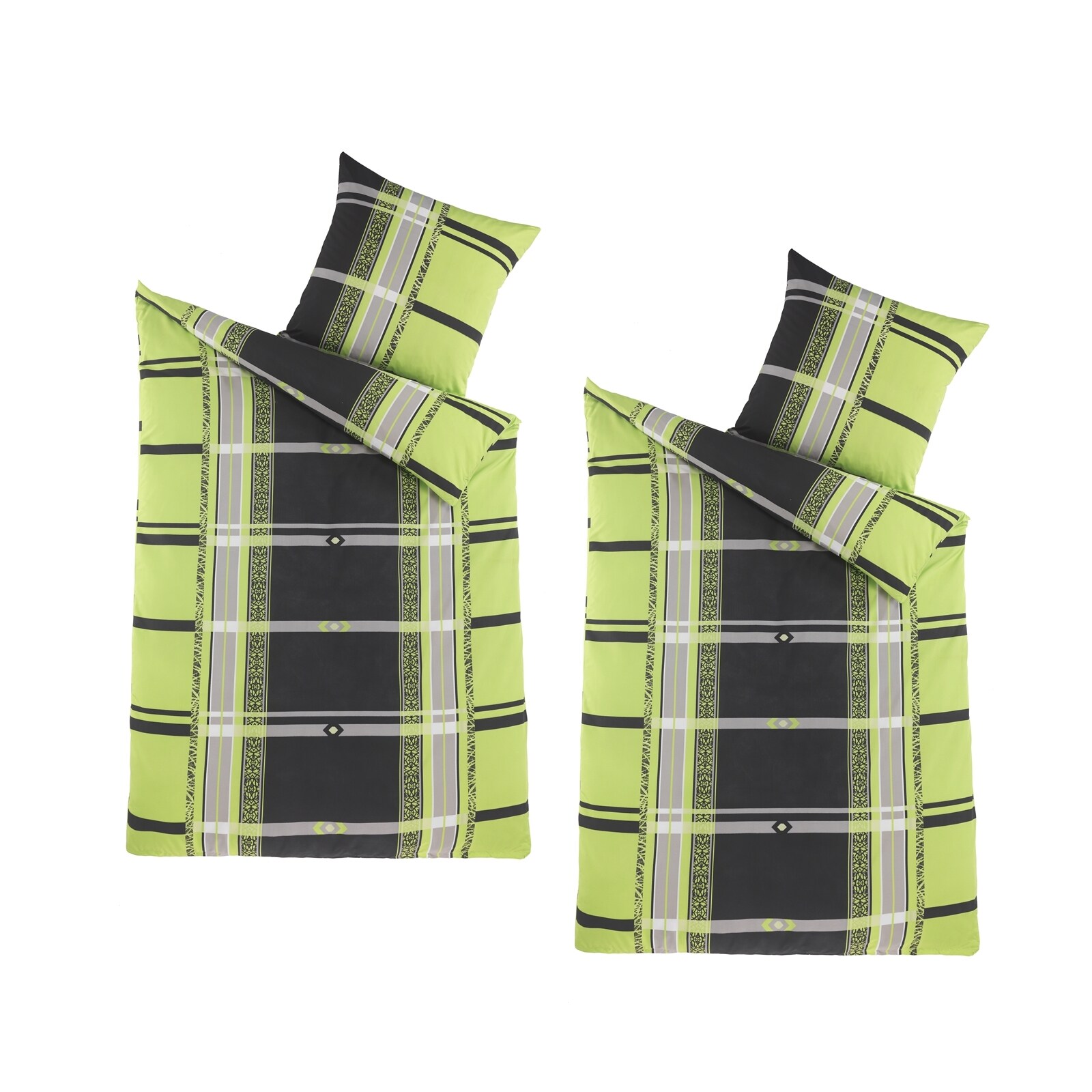 HTI-Living Microfaser Bettw&auml;sche 2 Sets Gr&uuml;n Schwarz Karo - Bild 1