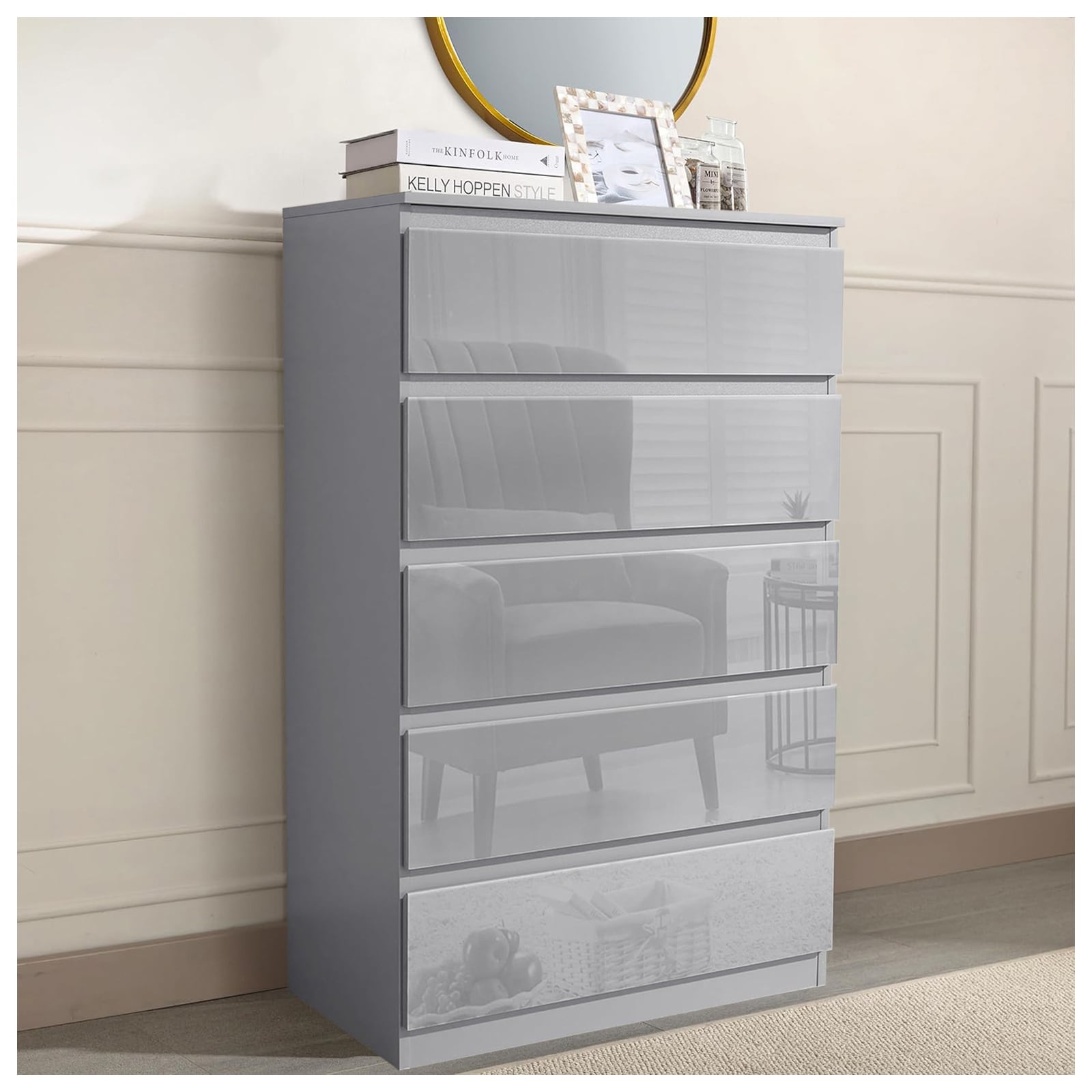 HTI-Living Sideboard Kenji 5 Schubladen Hochglanz Grau - Bild 1