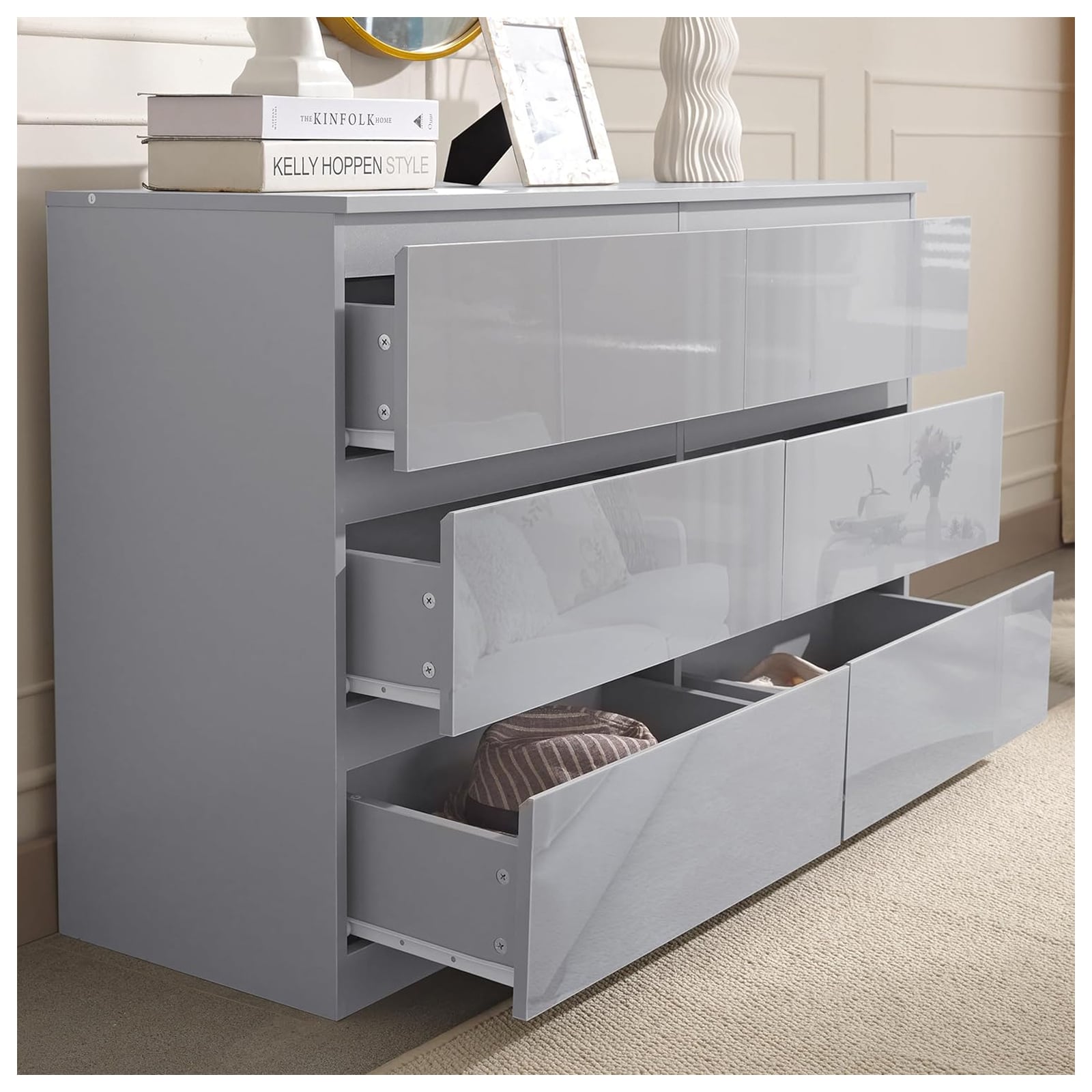 HTI-Living Sideboard Kenji 8 Schubladen Hochglanz Grau - Bild 1