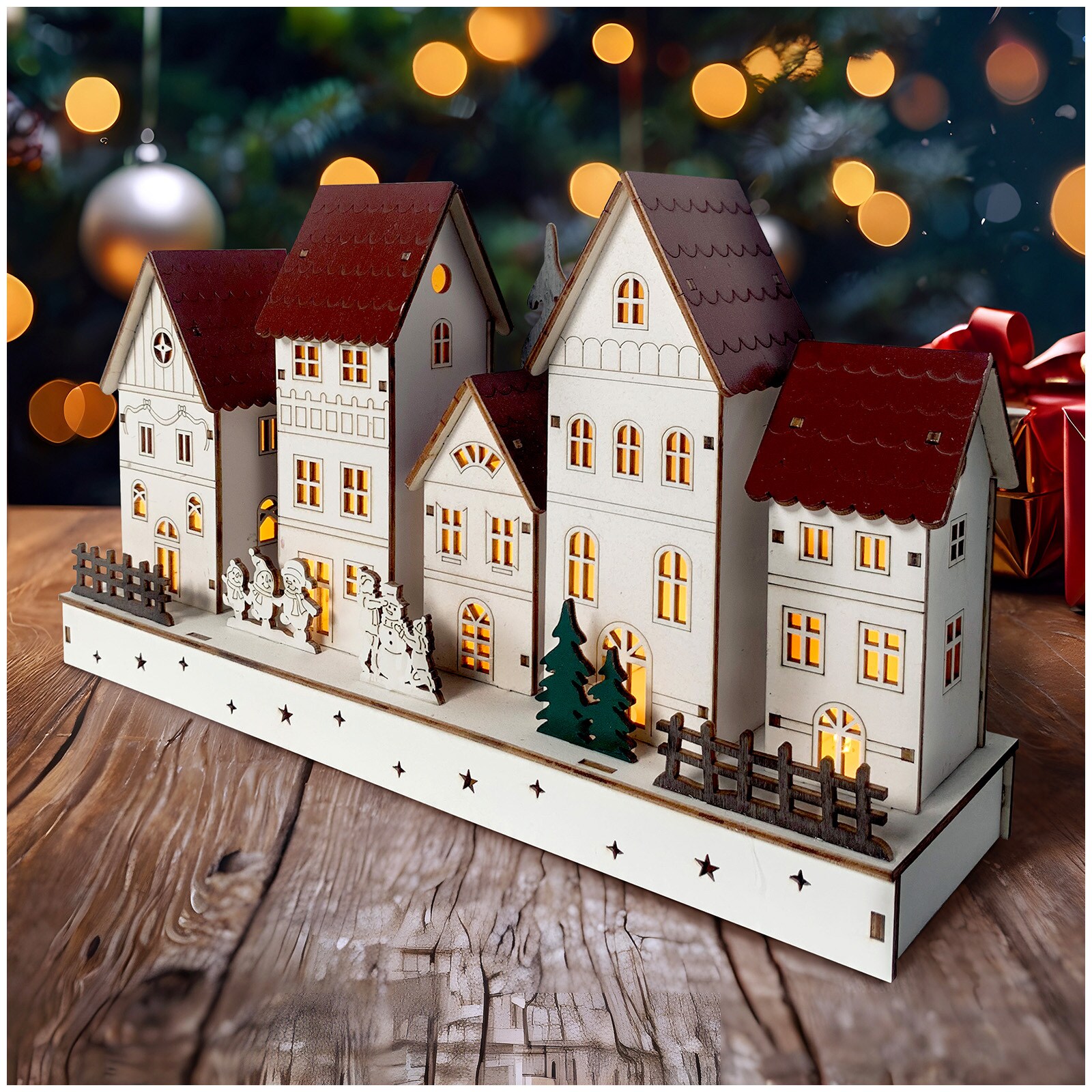 HTI-Living LED Holz Weihnachtsdorf mit Wintermotiv Batteriebetrieben - Bild 1