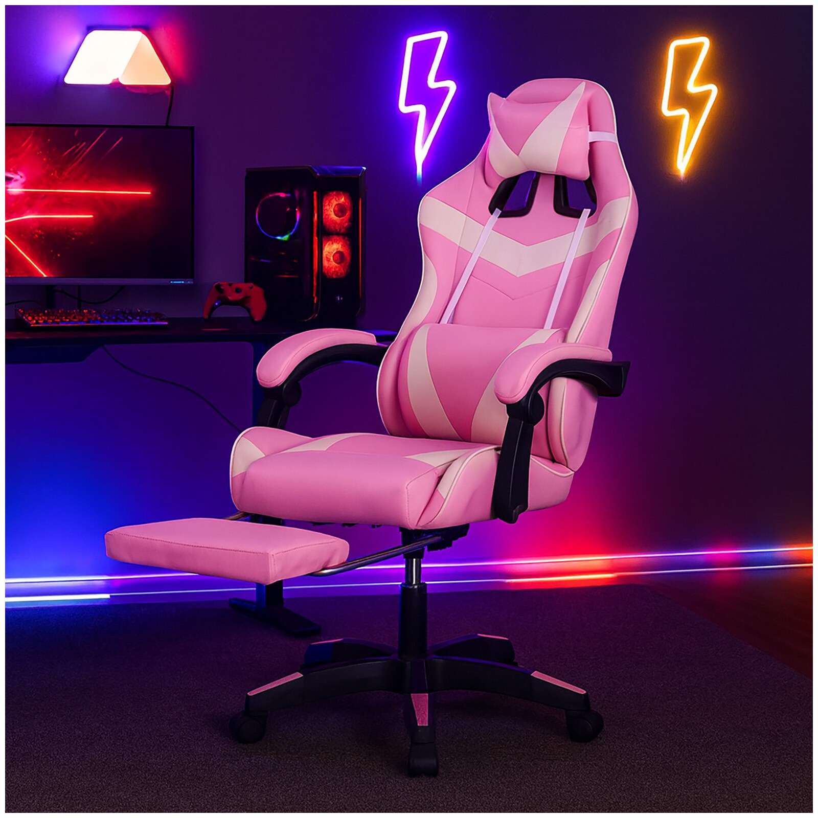HTI-Living Ergonomischer Gaming Stuhl mit Fu&szlig;st&uuml;tze Racing-Design in Pink-wei&szlig; - Bild 1