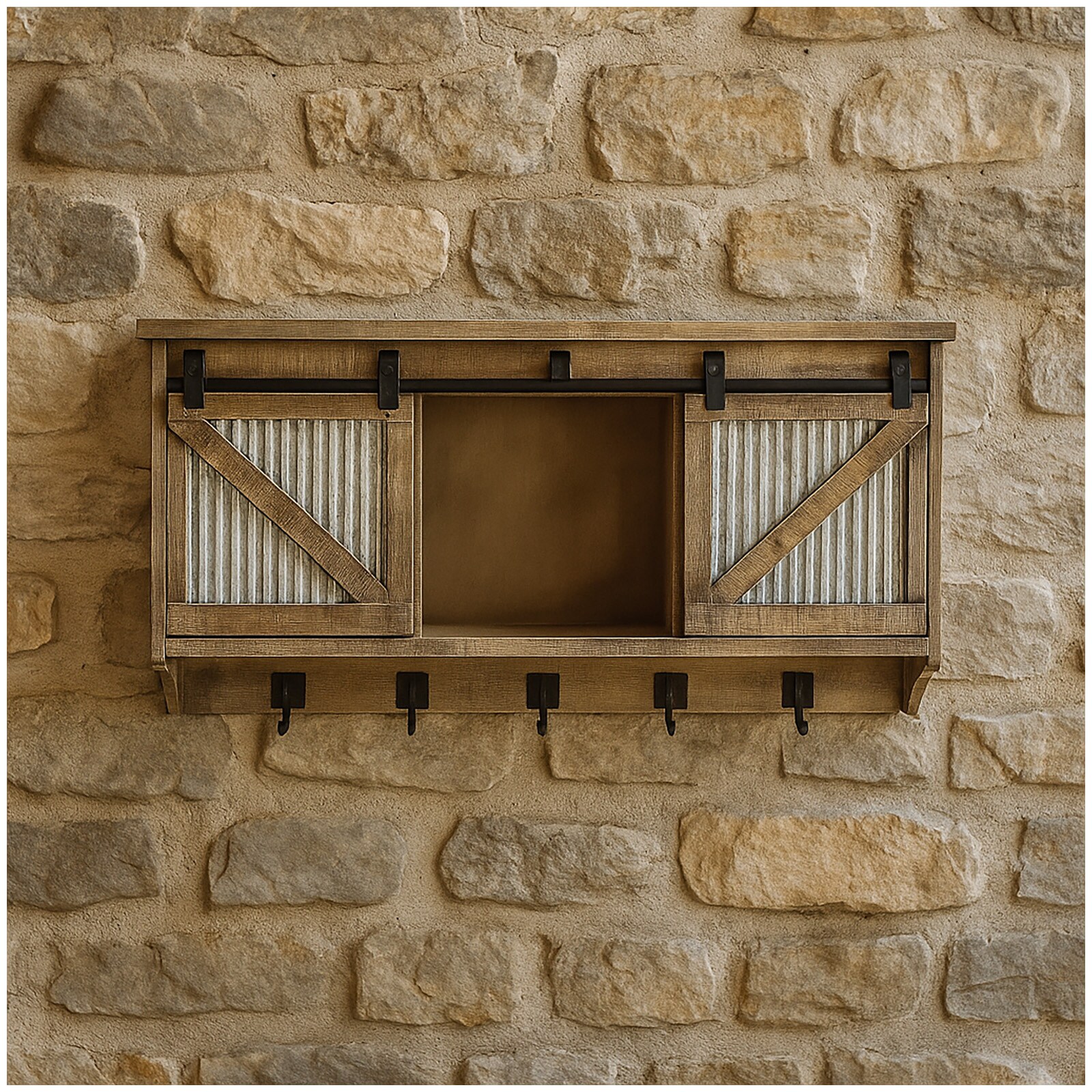 HTI-Living Rustikaler Wandschrank mit Schiebetüren und Haken Landhausstil für Flur, Küche oder Wohnzimmer | 04255701939364