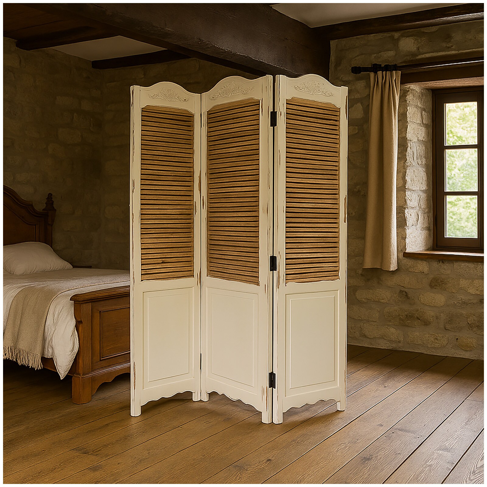 HTI-Living Paravent 3-teilig im Shabby Chic Raumteiler im Landhausstil mit Lamellen - Bild 1