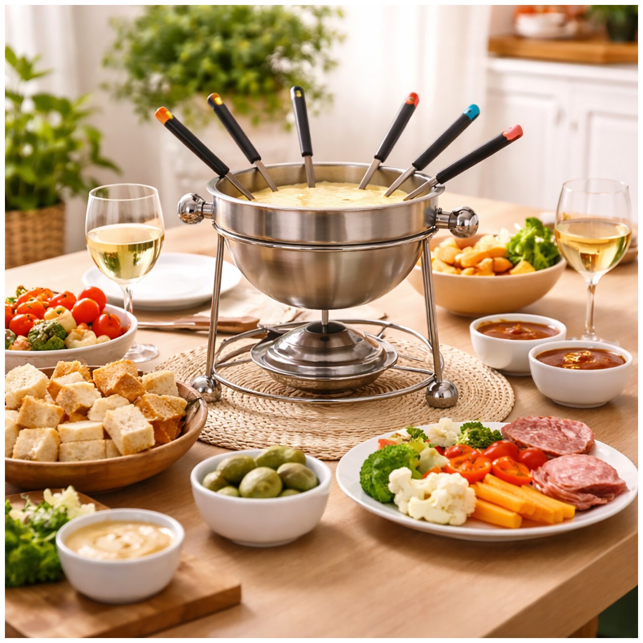 Fondue Set Edelstahl mit Keramikschale St&ouml;vchen und Gabeln - Bild 1