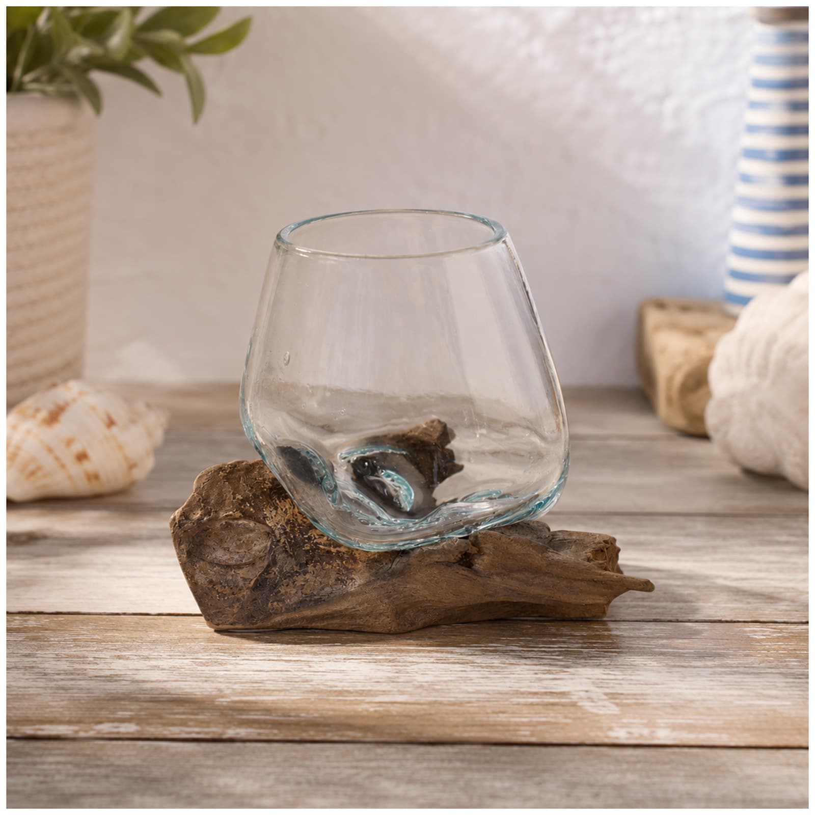 Mundgeblasene Glasvase auf Kaffeewurzel 10 cm Dekovase aus Glas und Holz - Bild 1