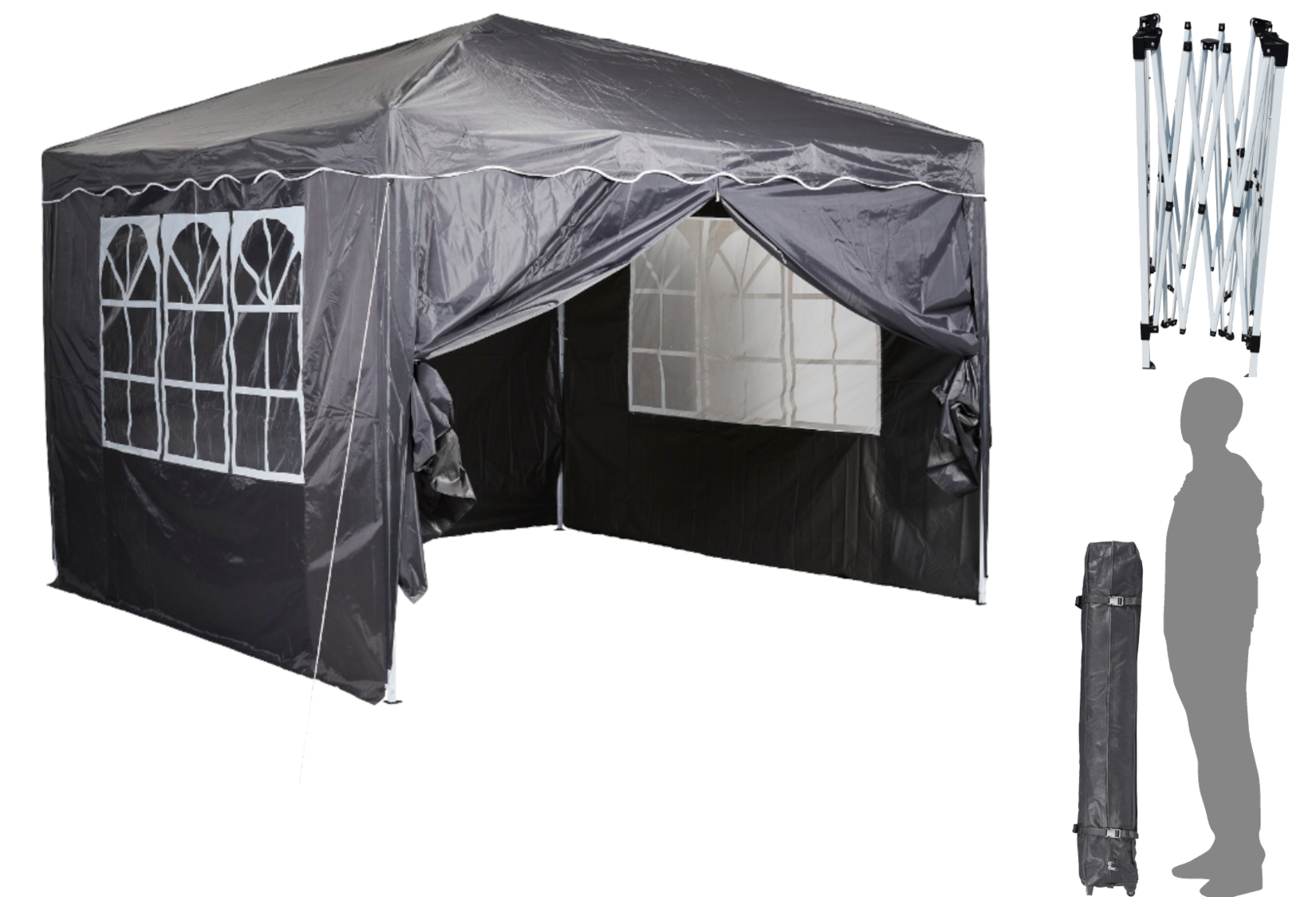 CHILLROI Faltpavillon Dachfläche 300 x 300 cm Anthrazit 200g/m² inklusive 4 Seitenwände mit Fenster Multifunktionszelt | 04251094805965