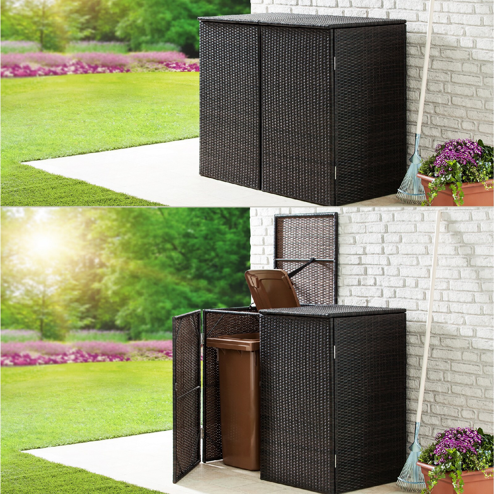 GreenYard M&uuml;lltonnenabdeckung f&uuml;r 2 M&uuml;lltonnen 111 x 65 x 104 cm Rattan-Optik - Bild 1