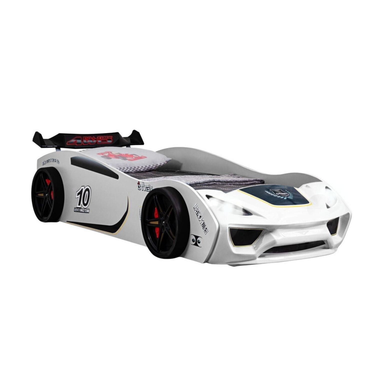 TRAUMMÖBEL Autobett TURBO V2 Weiß Kinderbett im Rennwagen-Design mit Lattenrost