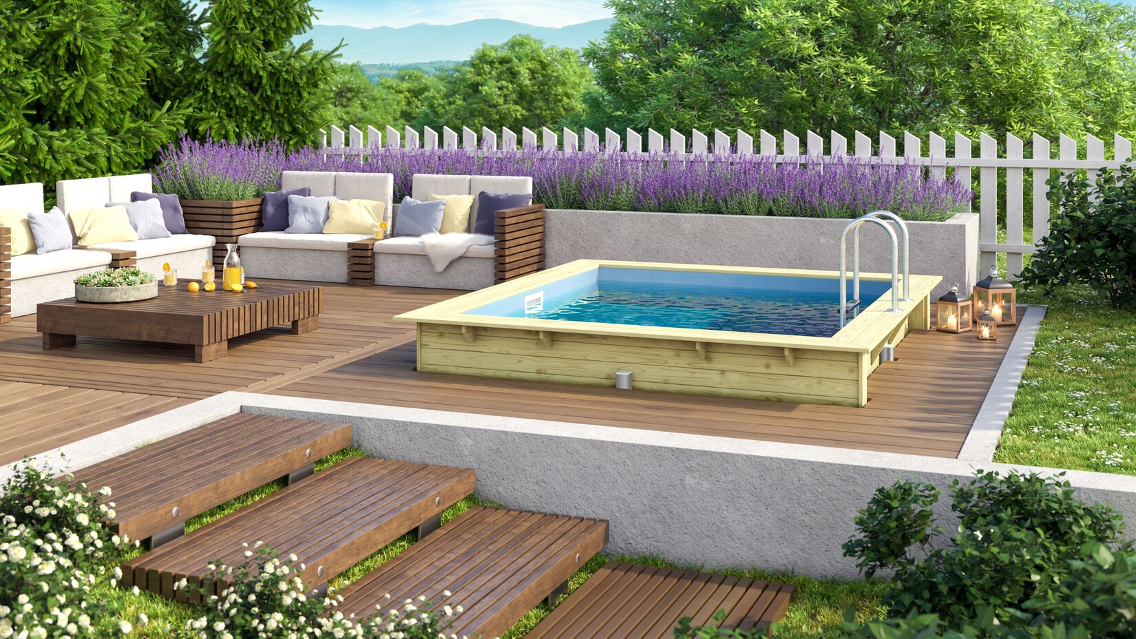 Karibu Rechteckiger kdi Massivholz Pool 308,7 x 276,5 cm Leitern und Zubehör inklusive