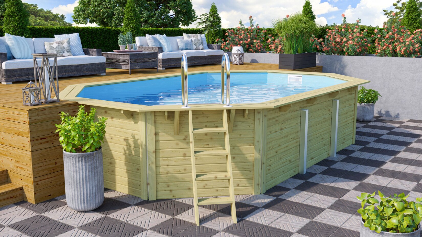 CHILLROI   Achteckiger Massivholz Pool länglich, 358 x 569 x 124 cm, Modell 4   Inkl. Zubehör und Pool Leitern