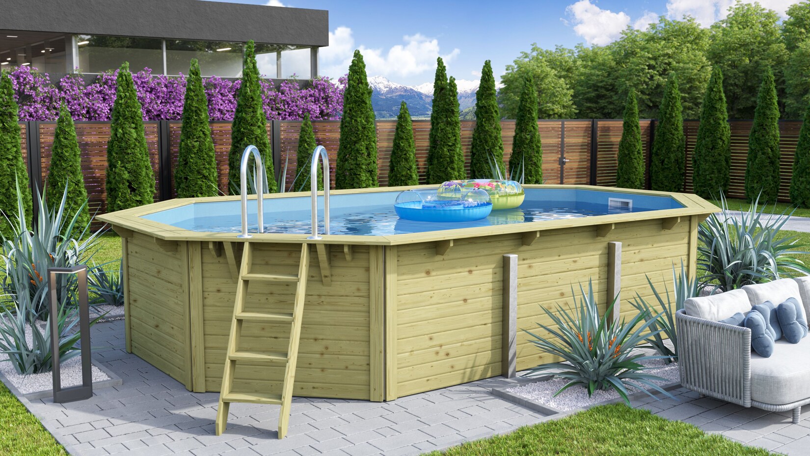 CHILLROI   Achteckiger Massivholzpool länglich, 568,5 x 357,5 x 124 cm, Modell 1 X Folie blau   Inkl. Zubehör und Pool Leitern