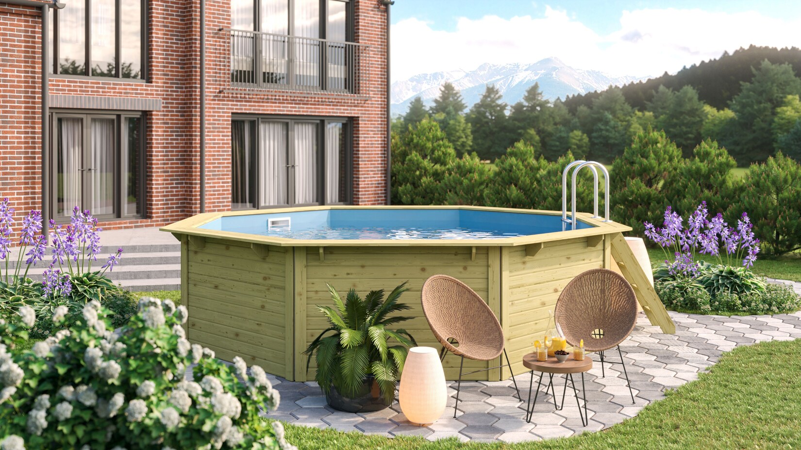 CHILLROI Achteckiger Massivholzpool, 427,5 x 427,5 x 124 cm, Modell 1 X Folie blau Inkl. Zubehör und Pool Leitern