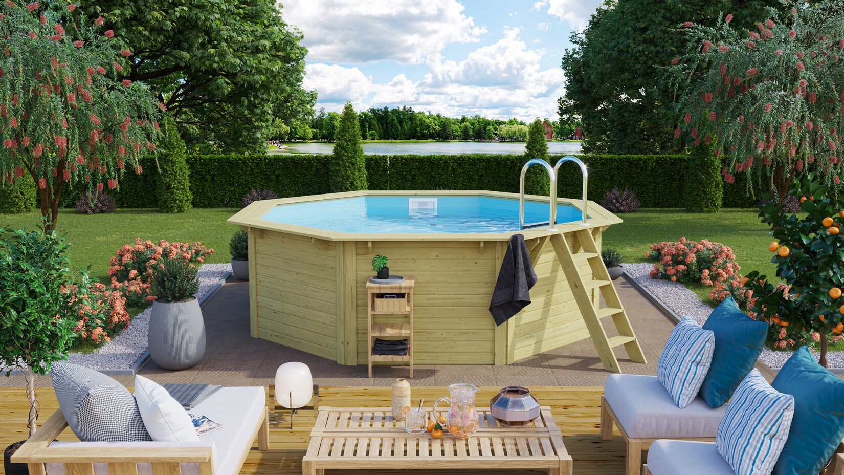 CHILLROI Achteckiger Massivholzpool, 357,5 x 357,5 x 124 cm, Modell 1 X Folie blau Inkl. Zubehör und Pool Leitern