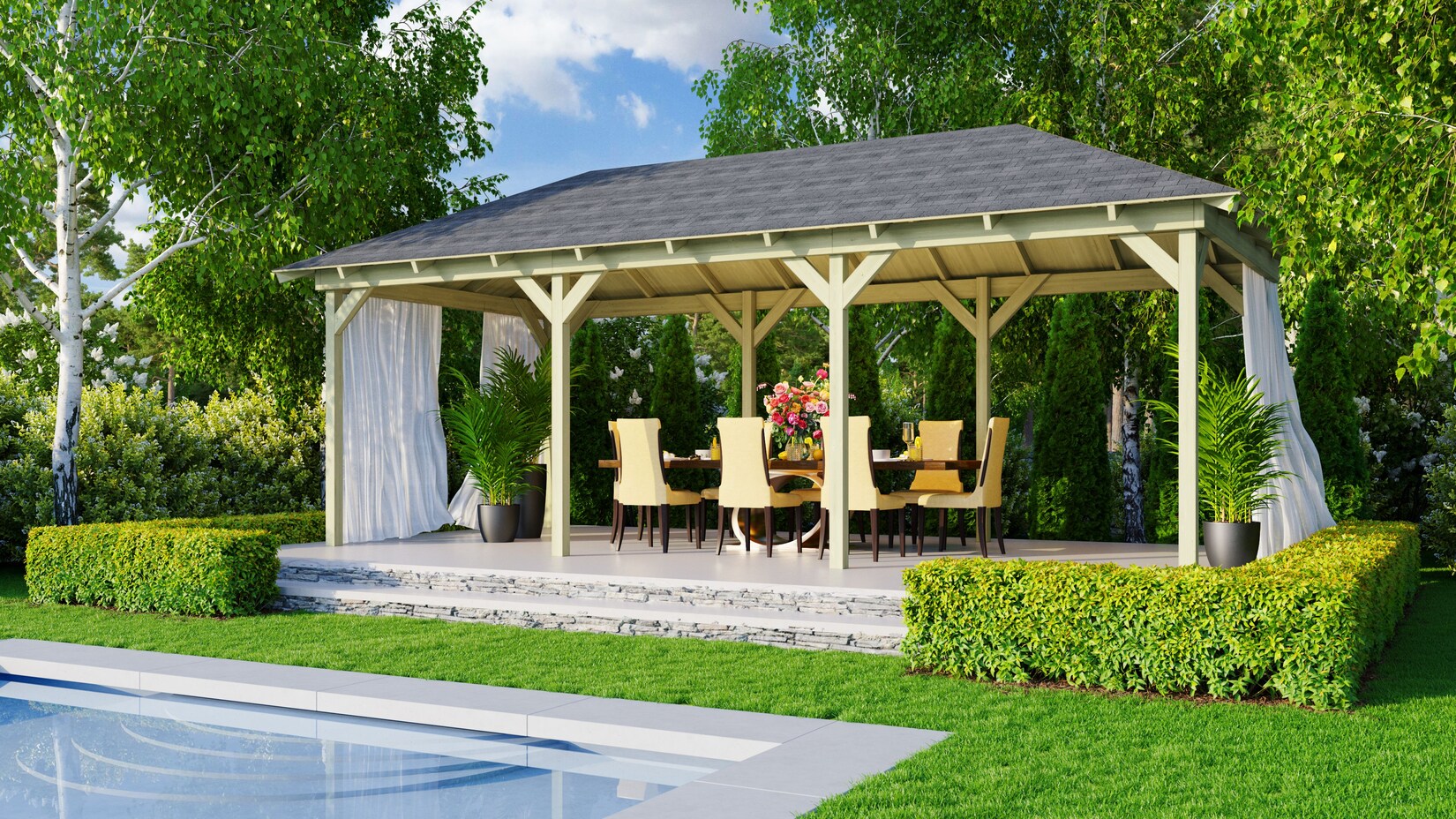 CHILLROI Rechteckiger Holzpavillon mit Verlängerung 289 x 639 cm Gartenpavillon Terrassenüberdachung