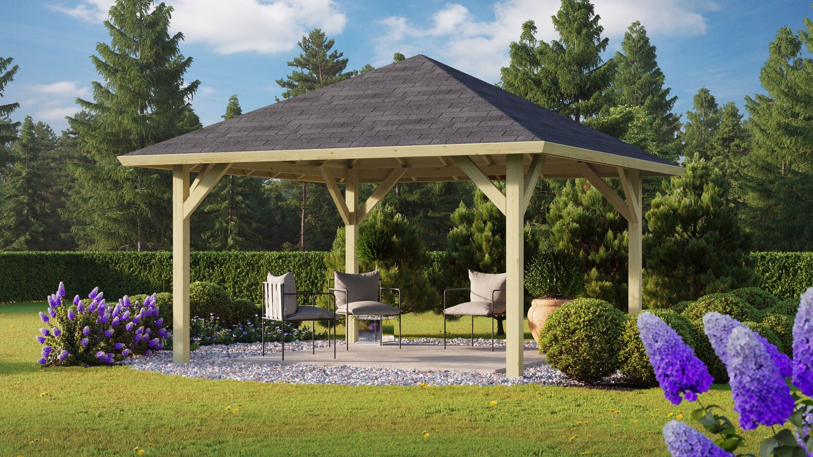CHILLROI Quadratischer Holzpavillon 359 x 359 cm Gartenpavillon Terrassenüberdachung kesseldruckimprägniert