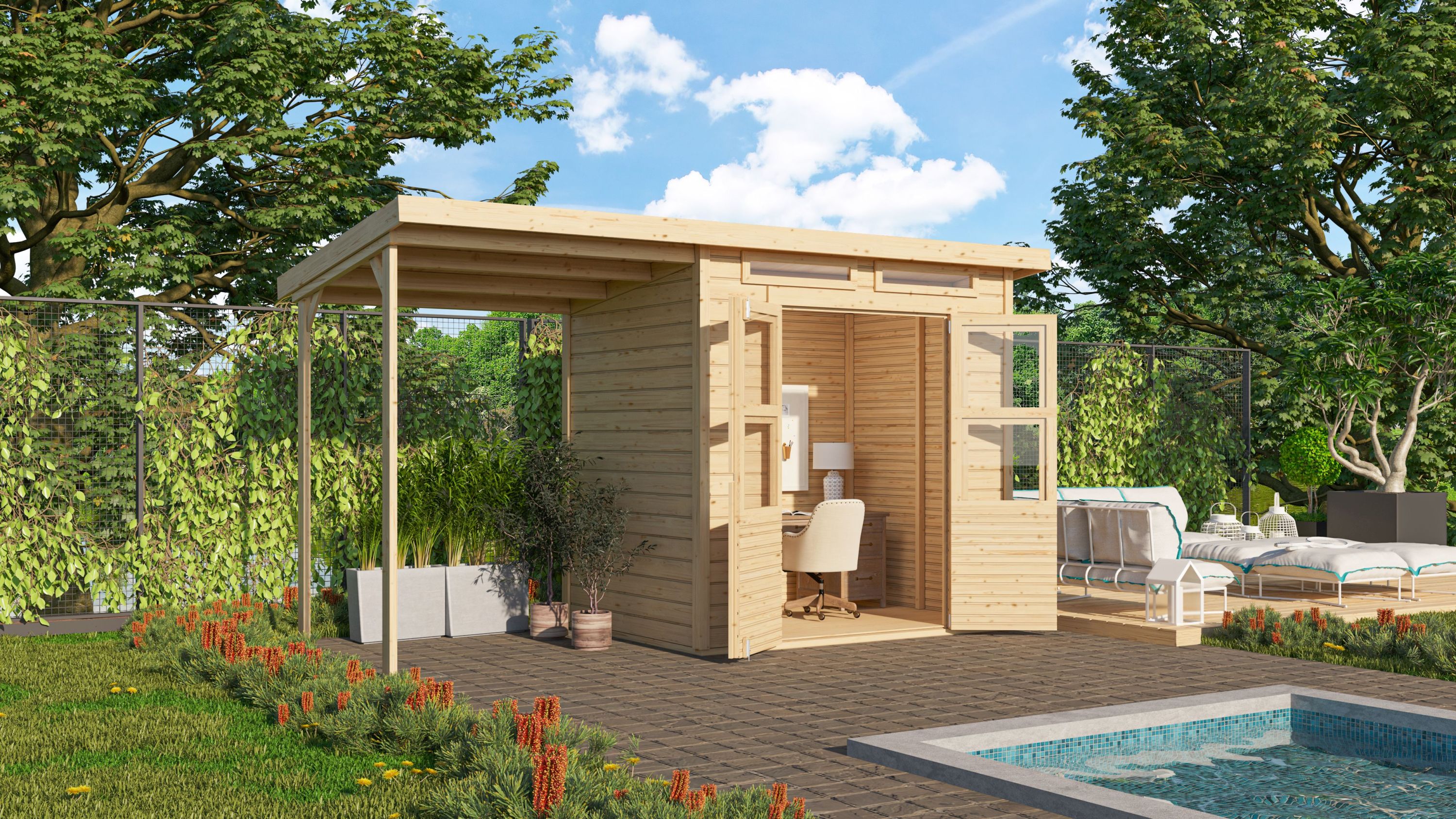 Karibu Gartenhaus "Kano 3" SET naturbelassenes Holz | mit Anbaudach + Dachbahn - Bild 1