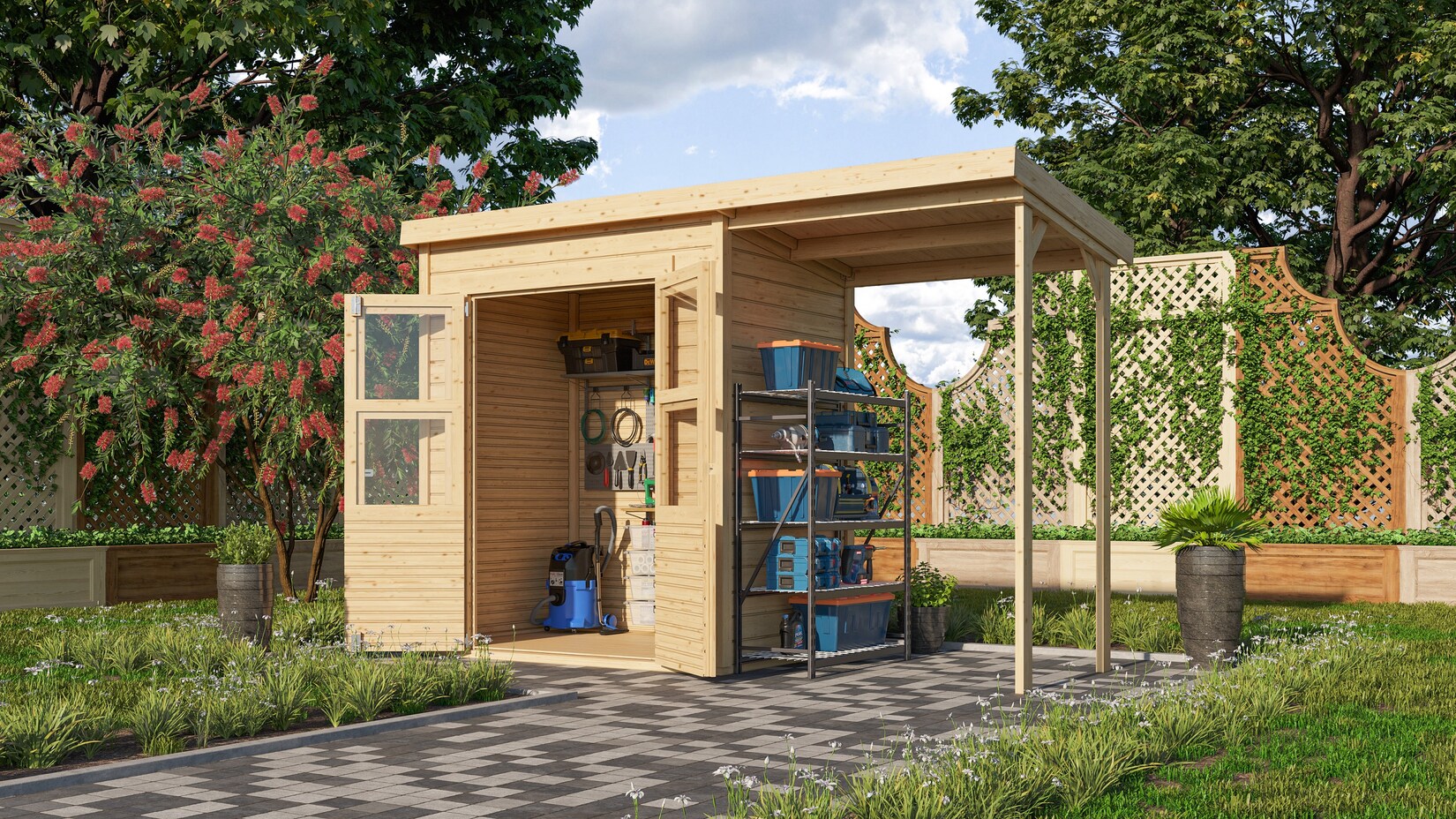 Karibu Gartenhaus „Kano 2“ SET mit Anbaudach   naturbelassenes Fichtenholz | 04010090471990