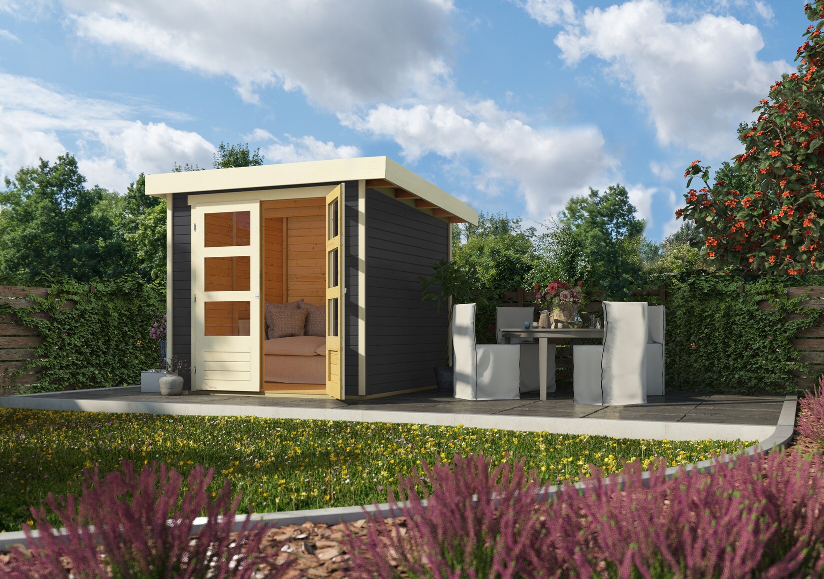 Karibu Gartenhaus „Calabar 2“ SET terragrau mit Boden und Dachfolie | 04010090472041