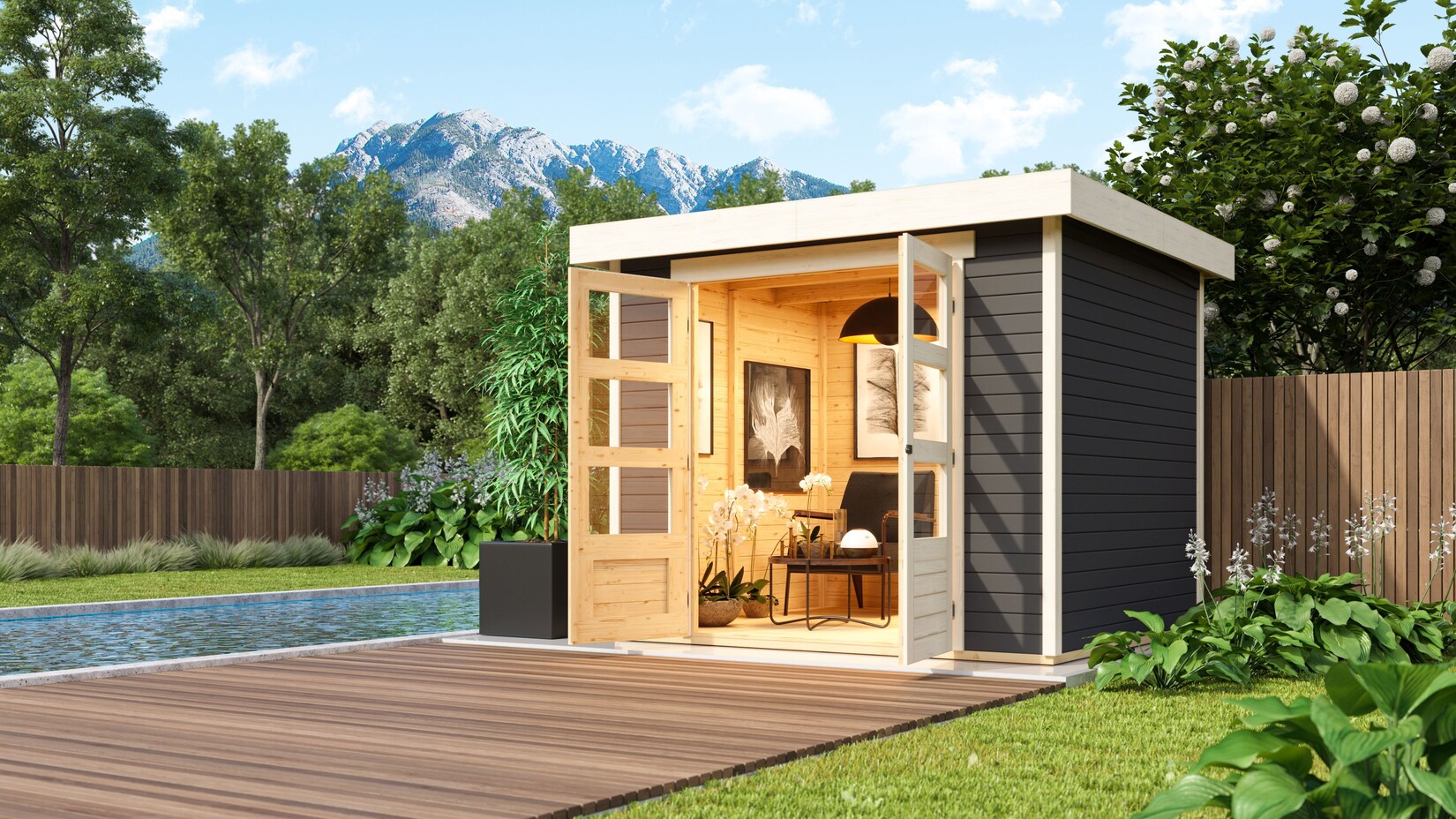 Karibu Gartenhaus „Calabar 3“ SET terragrau mit Boden und Dachfolie | 04010090472089