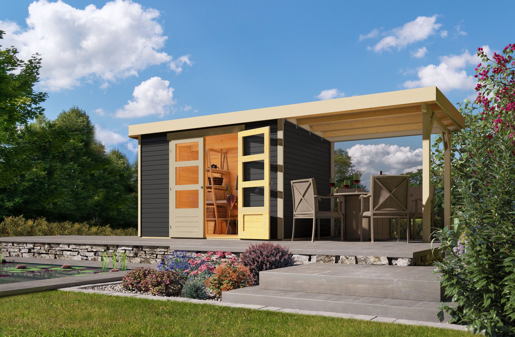 Karibu Gartenhaus Calabar 4 SET in terragrau mit Boden, Anbaudach, Dachfolie | 04010090472140