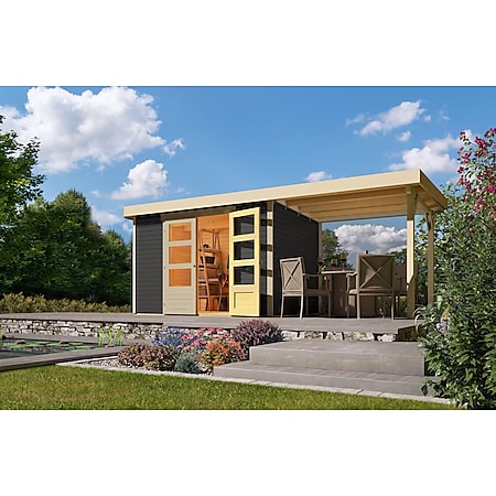 Karibu Gartenhaus "Calabar 4" SET terragrau mit Boden, Anbaudach 2,4 m Breite, Dachfolie - Bild 1