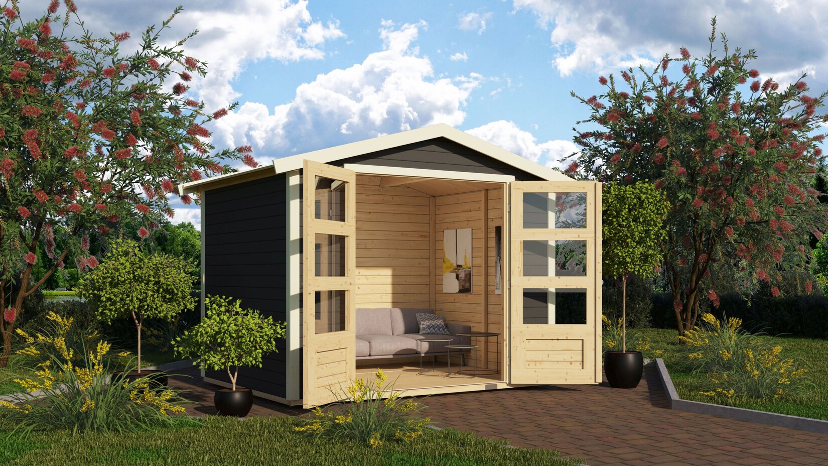 Karibu Gartenhaus „Asaba 4“ SET terragrau mit Boden, Schindeln schwarz | 04010090472249