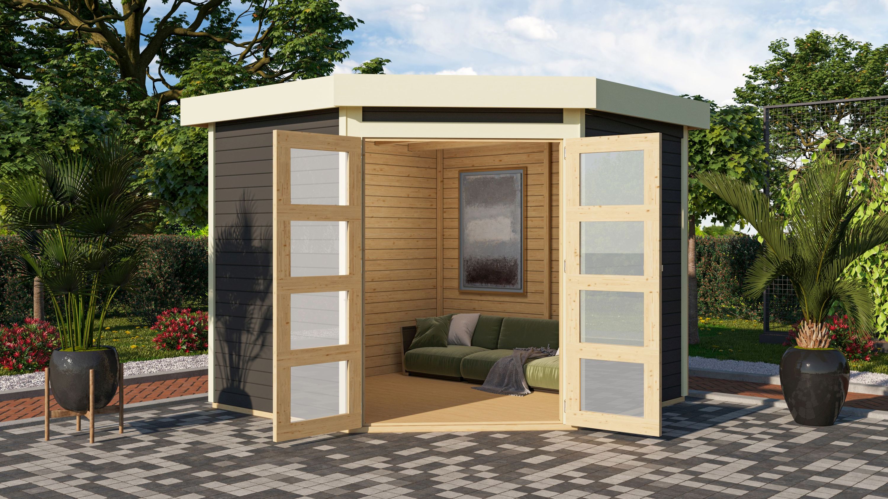 Karibu Gartenhaus "Taraba 5" SET terragrau mit Boden, Dachfolie - Bild 1