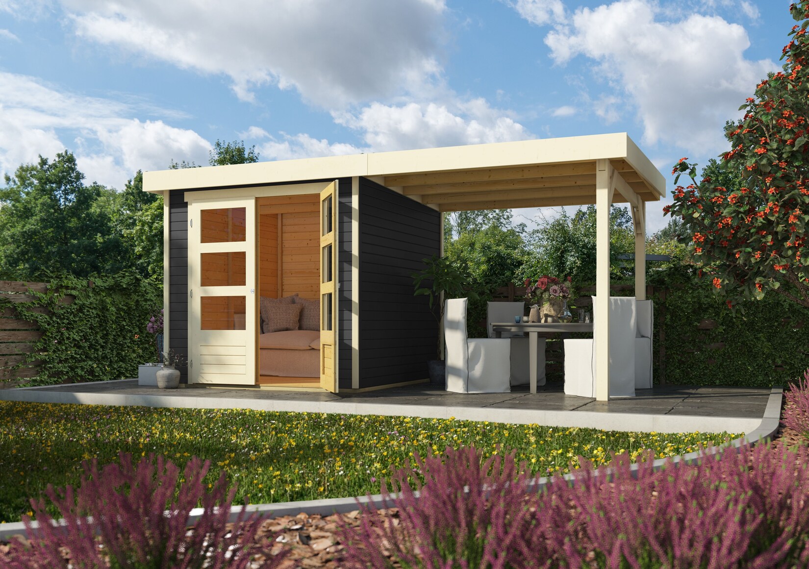 Karibu Gartenhaus "Calabar 2" SET in terragrau mit Boden, Anbaudach, Dachfolie