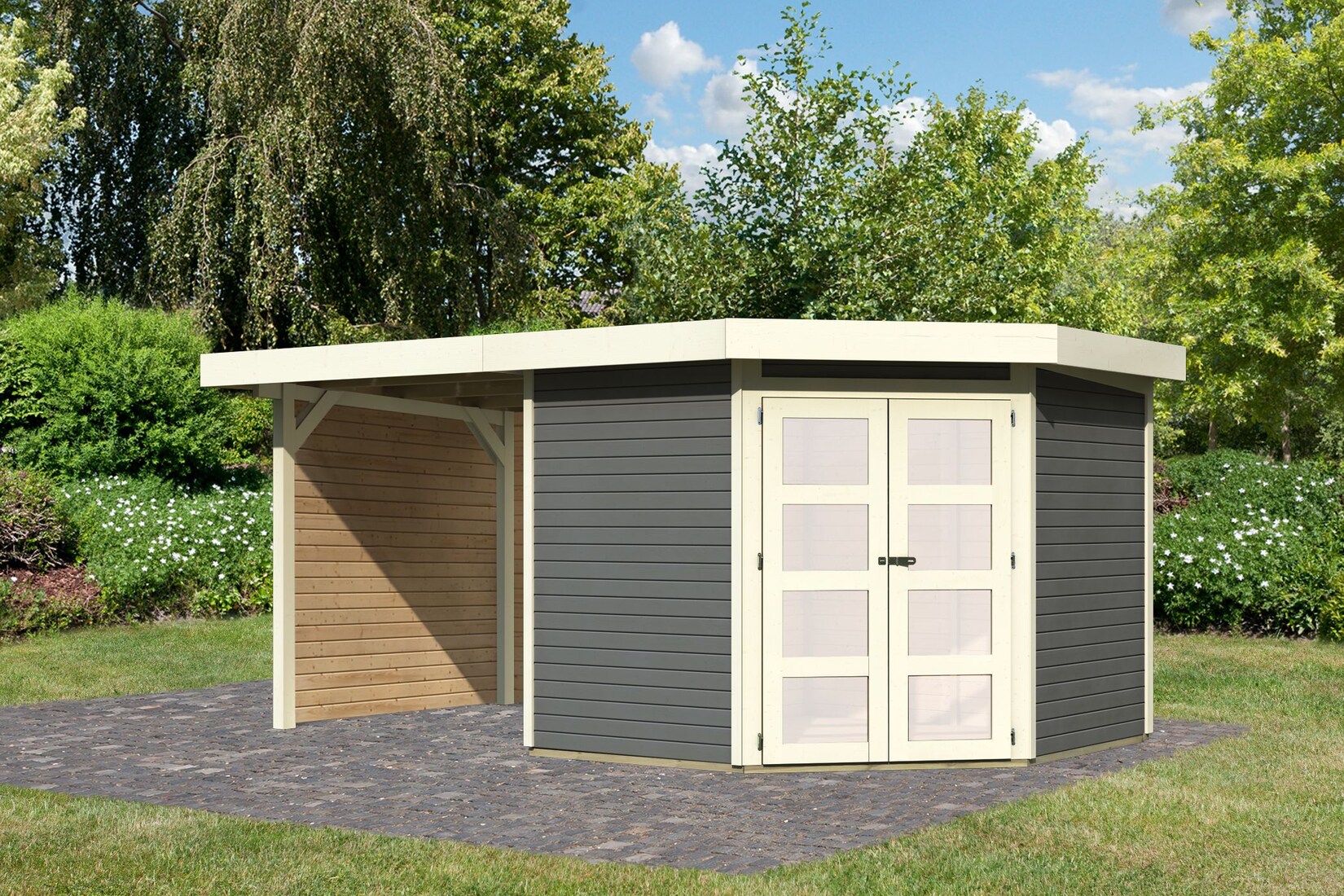 Karibu Gartenhaus „Taraba 5“ SET terragrau mit Boden, Dachfolie, Anbaudach 2,40 m Breite | 04010090473567