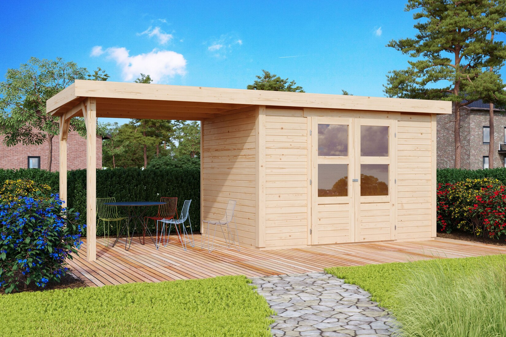 Karibu Gartenhaus "Calabar 2" SET naturbelassen mit Boden, Anbaudach 2,40 m Breite, Dachfolie
