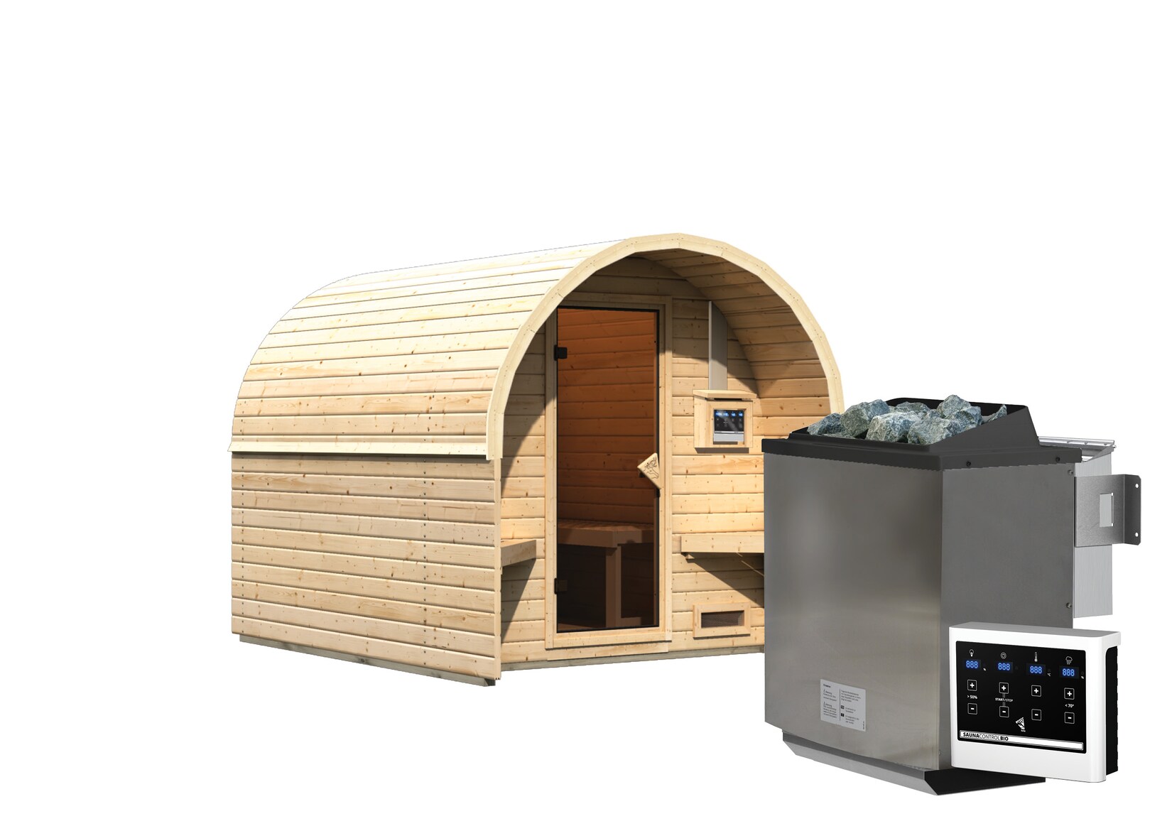 Karibu Fasshaus "lfe" SET naturbelassen mit Ofen 9 kW Bio ext. Strg., Kabel, Dachfolie