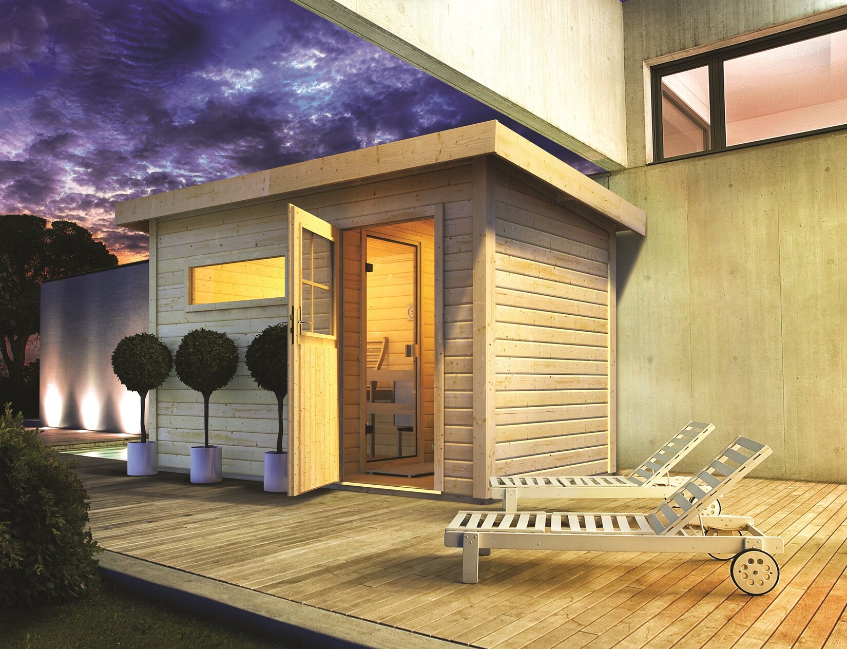 Karibu Saunahaus "Ondo 1" SET naturbelassen mit Ofen 9 kW Bio ext. Strg, Kabel, Dachfolie, Fenster