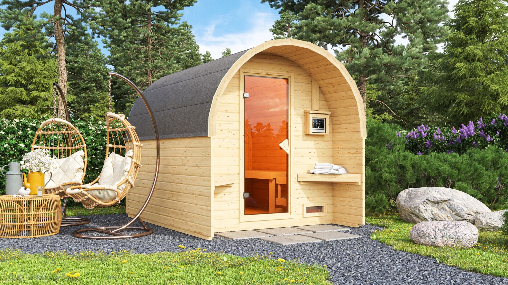 Karibu Fasshaus „lfe“ SET naturbelassen mit Ofen 9 kW ext. Strg., Kabel, Dachfolie | 04010090475417