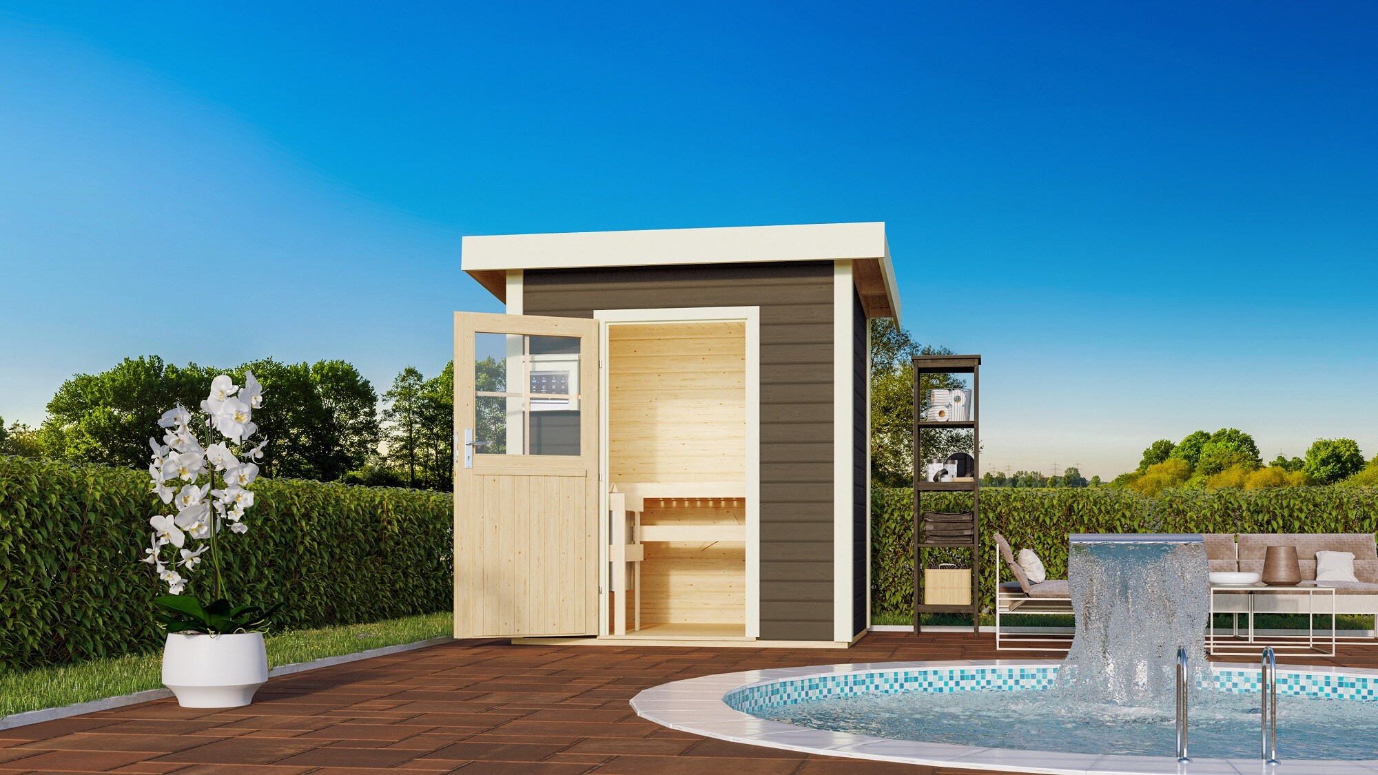 Karibu Saunahaus "Ekiti" SET terragrau mit Ofen 9 kW Bio ext. Strg., Kabel, Dachfolie - Bild 1