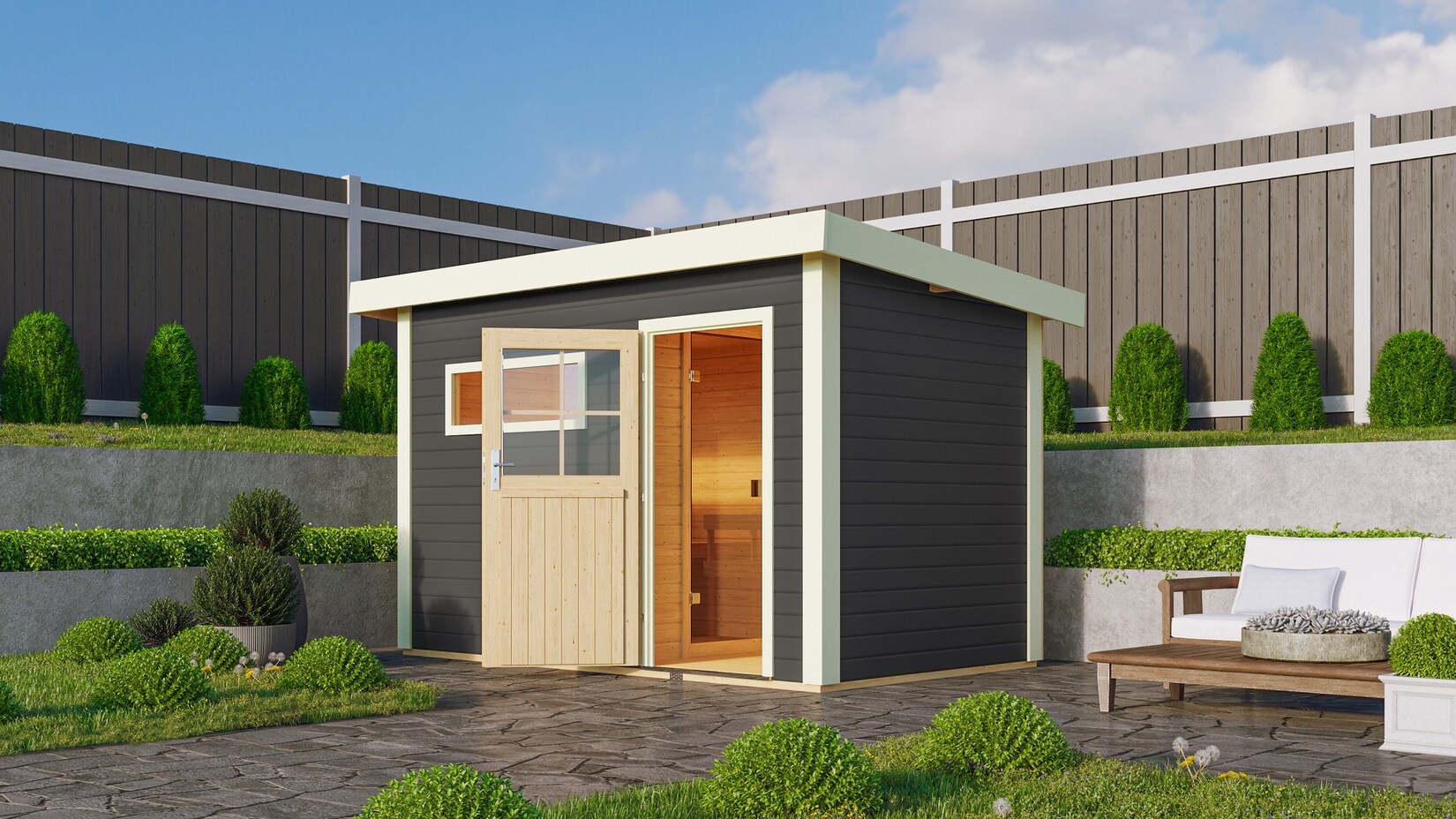 Karibu Saunahaus „Ondo 1“ SET terragrau mit Ofen 9 kW ext. Strg, Kabel, Dachfolie, Fenster | 04010090474816