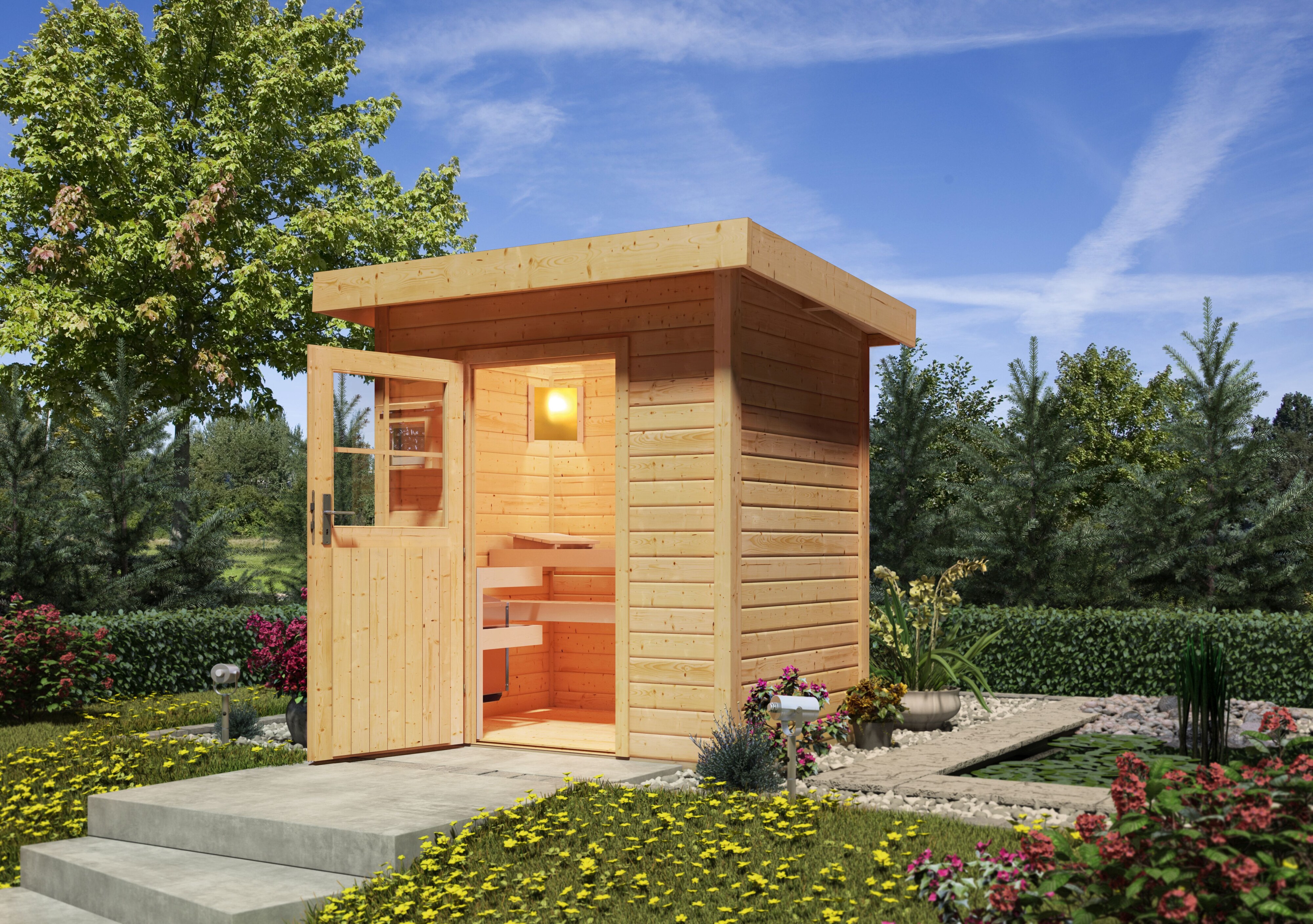 Karibu Saunahaus "Ekiti" SET naturbelassen mit Ofen 9 kW Bio ext. Strg., Kabel, Dachfolie - Bild 1