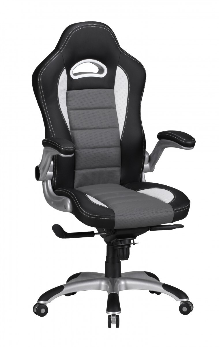 Amstyle Chefsessel Racing Leder Optik schwarz grau mit weißen Streifen mit Armlehnen klappbar | 04250950209657