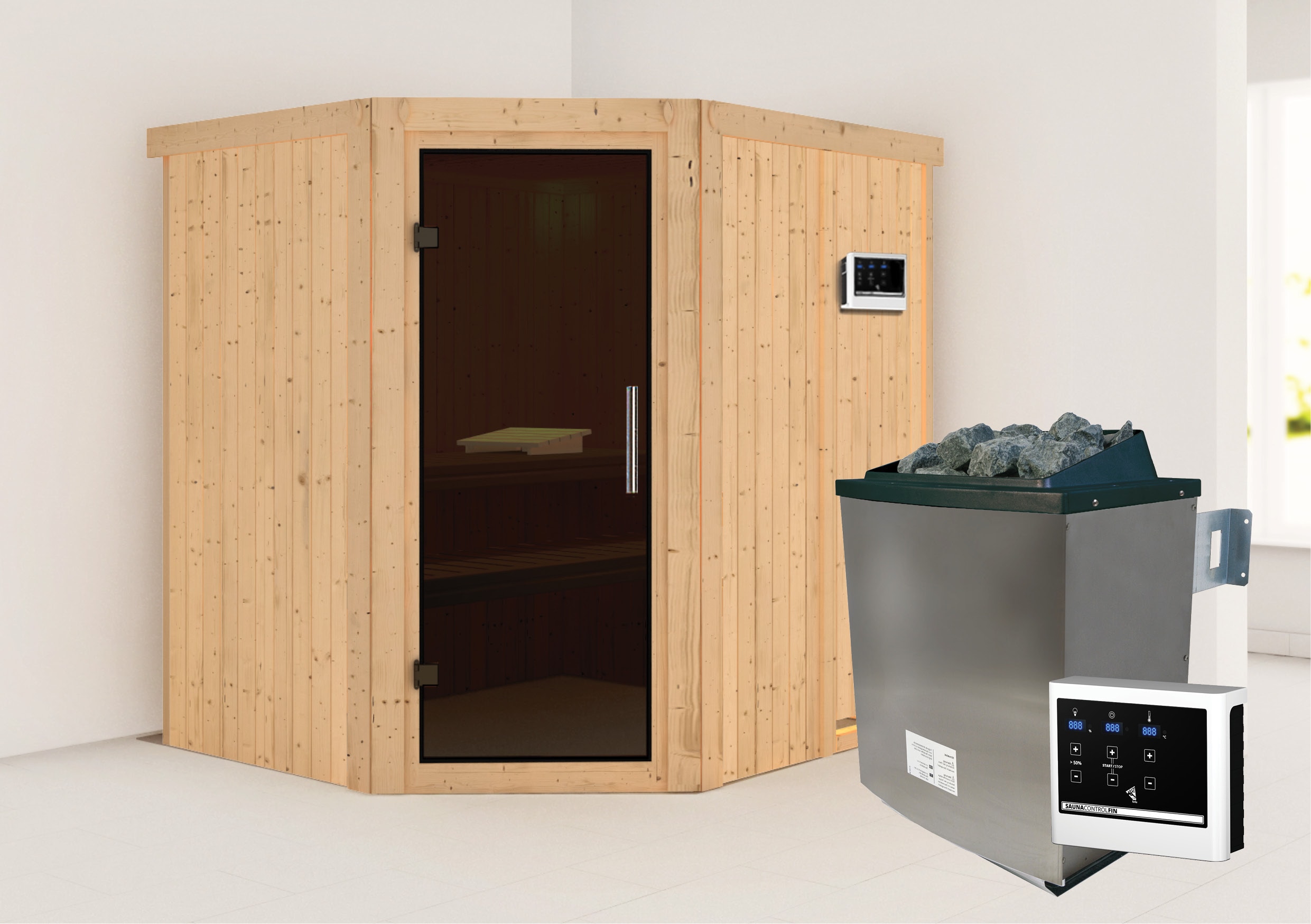 Karibu Sauna "Mitchell" SET naturbelassen mit 9kW Ofen - Bild 1