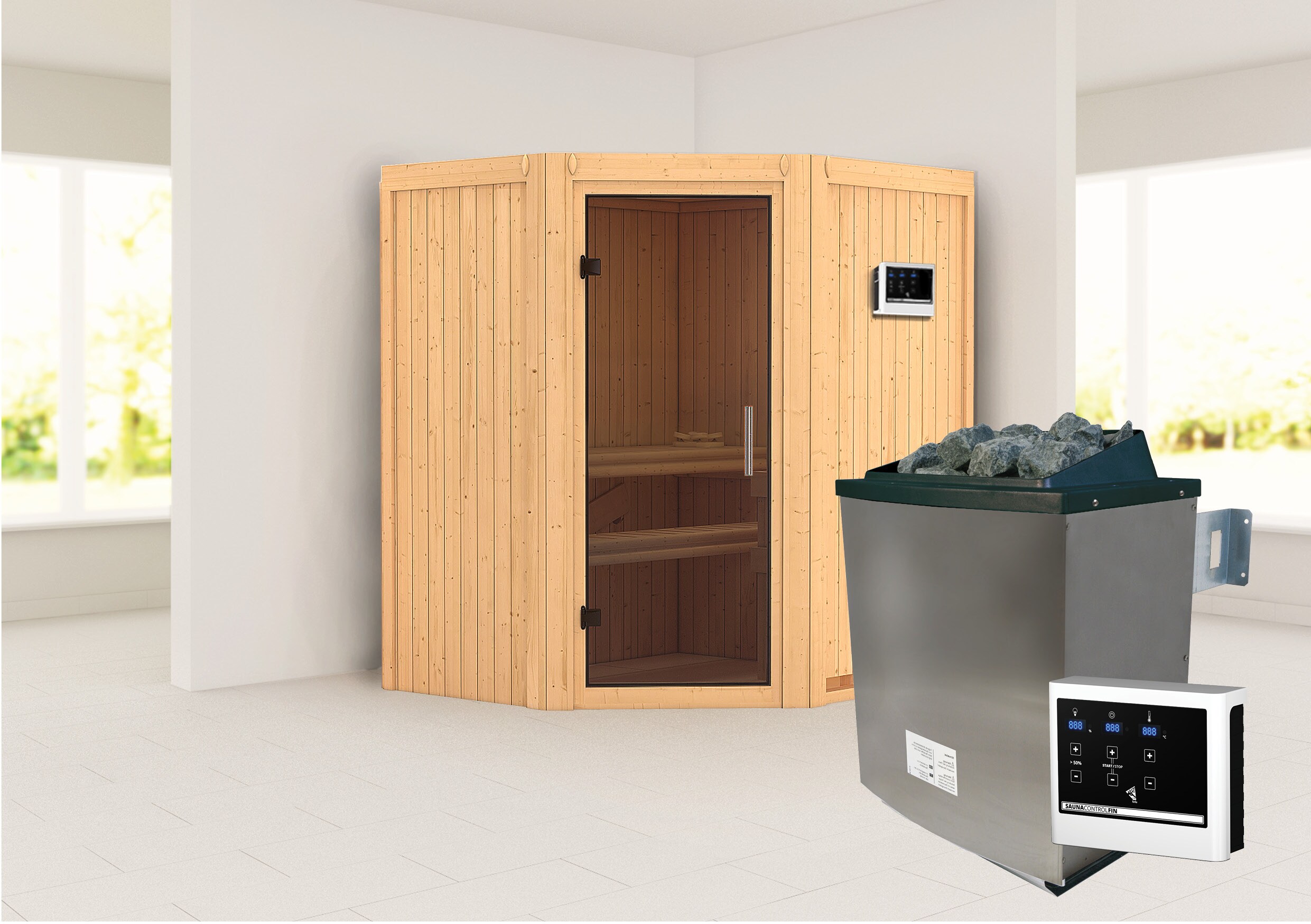 Karibu Sauna "Ruacana" SET naturbelassen mit 9kW Ofen - Bild 1
